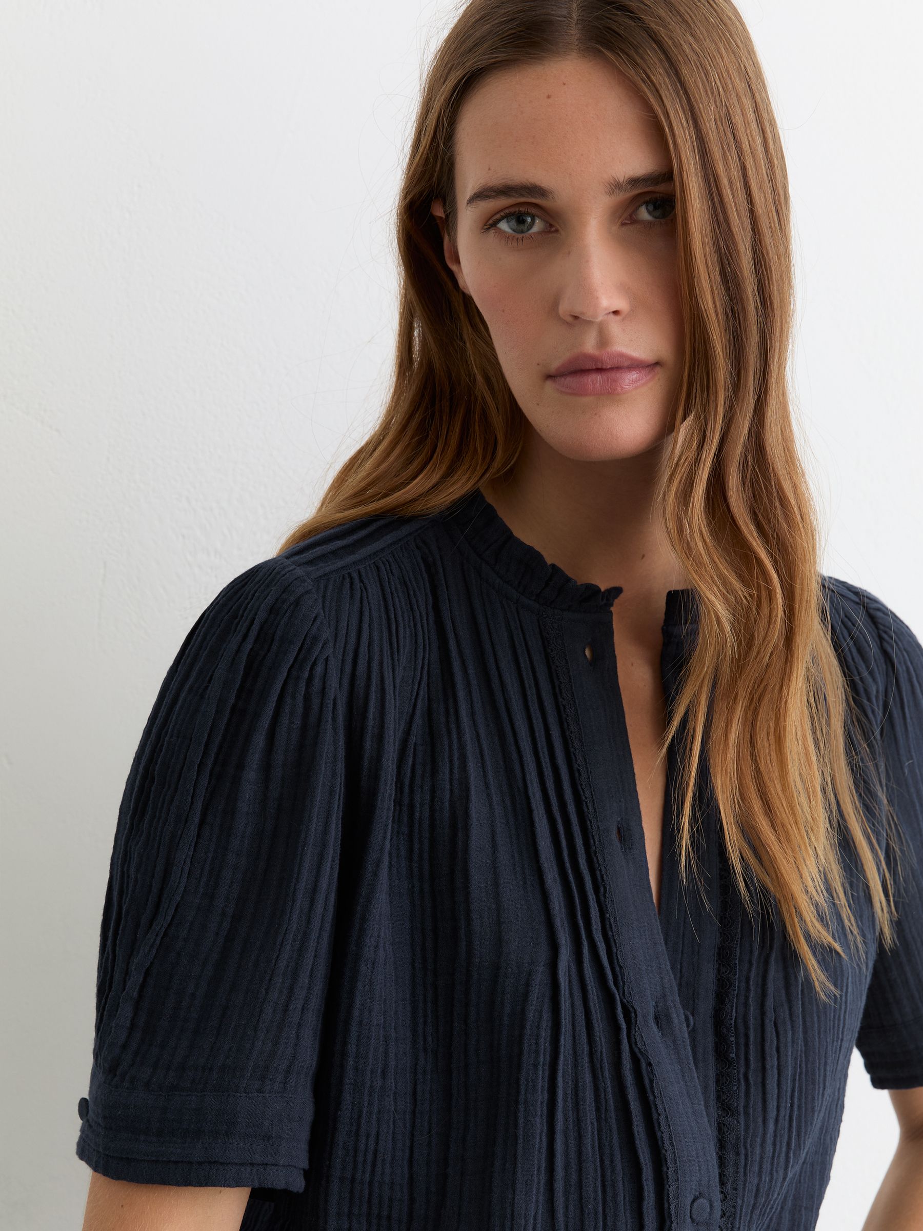 Cotton Cheesecloth Frill-Neck Top in Navy - image 5