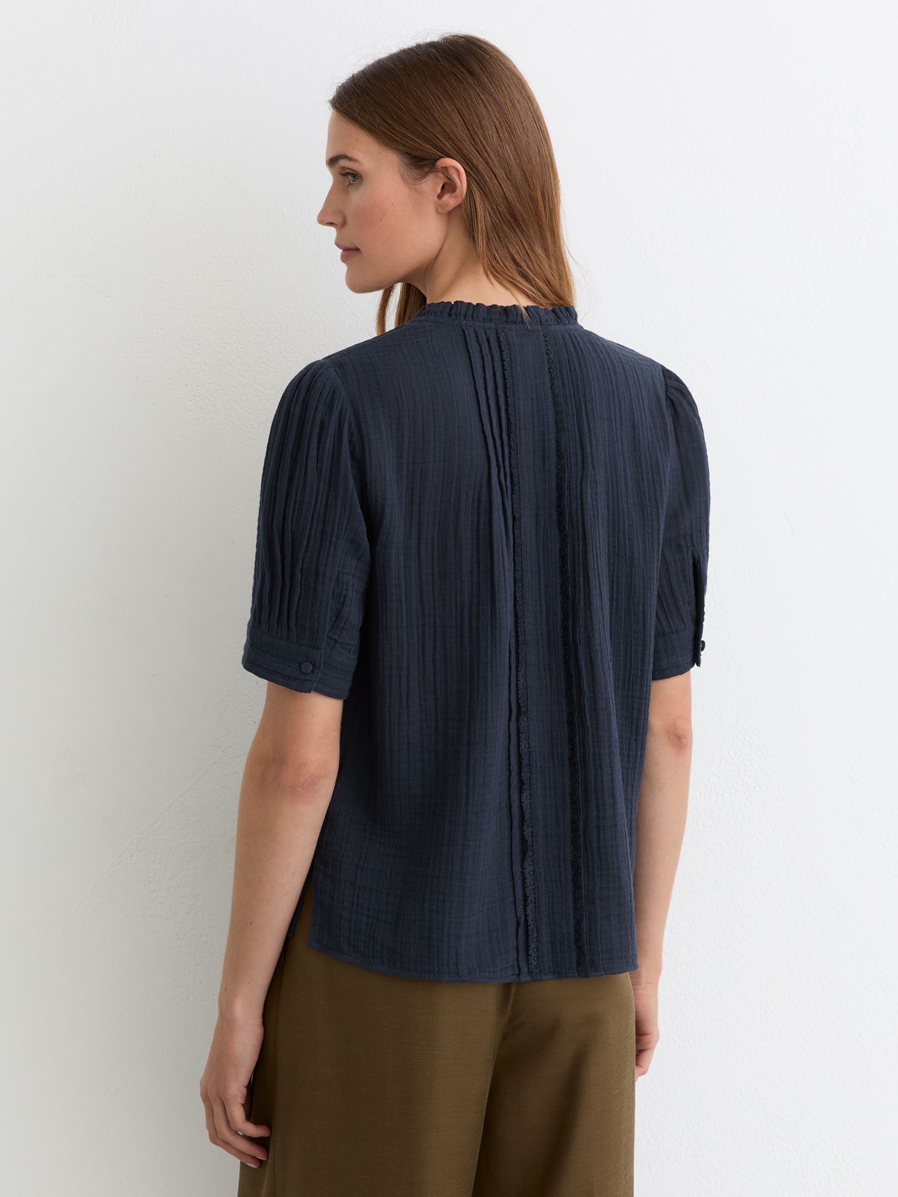 Cotton Cheesecloth Frill-Neck Top in Navy - image 3