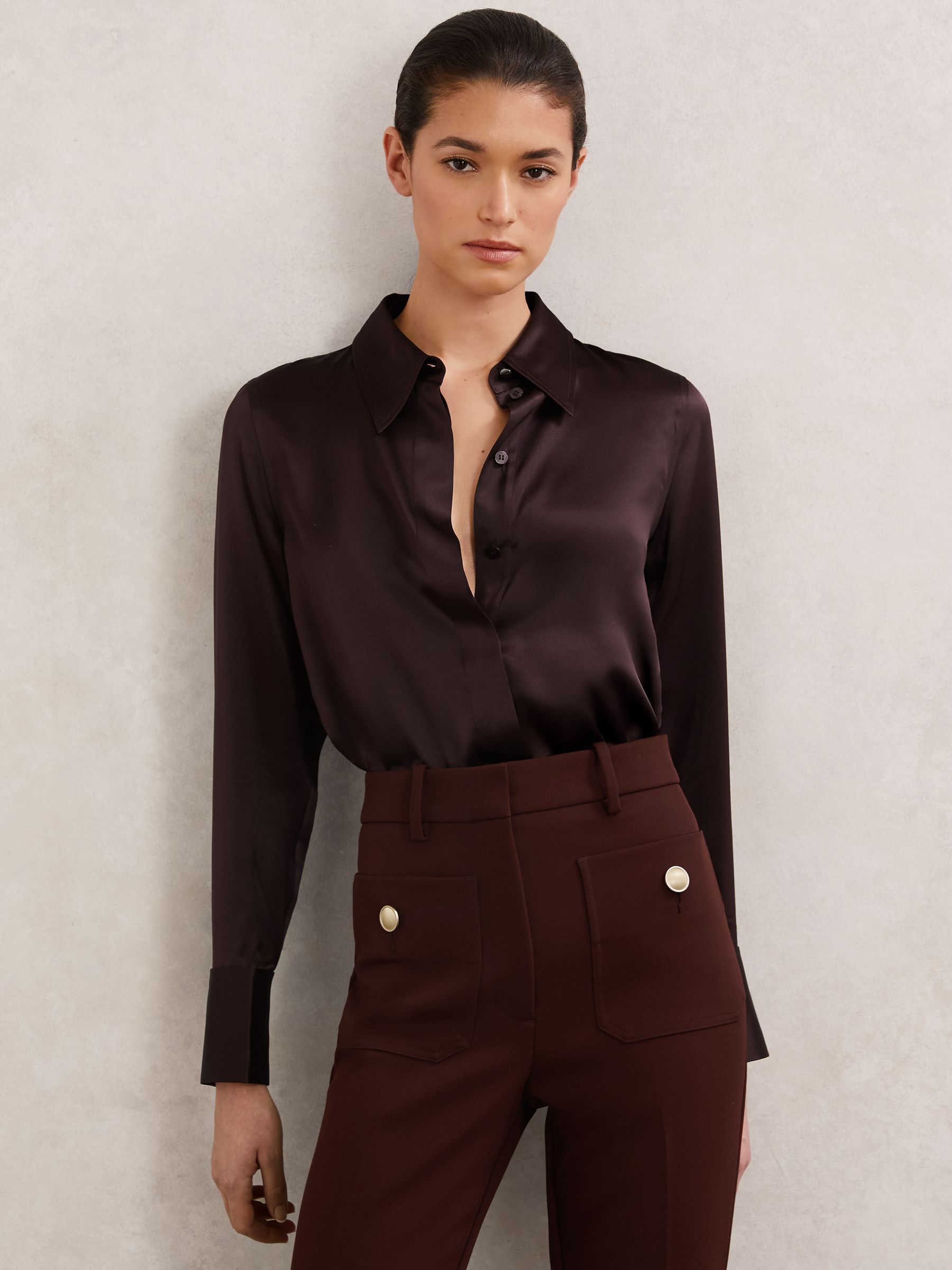 Petite Silk-Satin Concealed-Placket Shirt in Burgundy - image 2