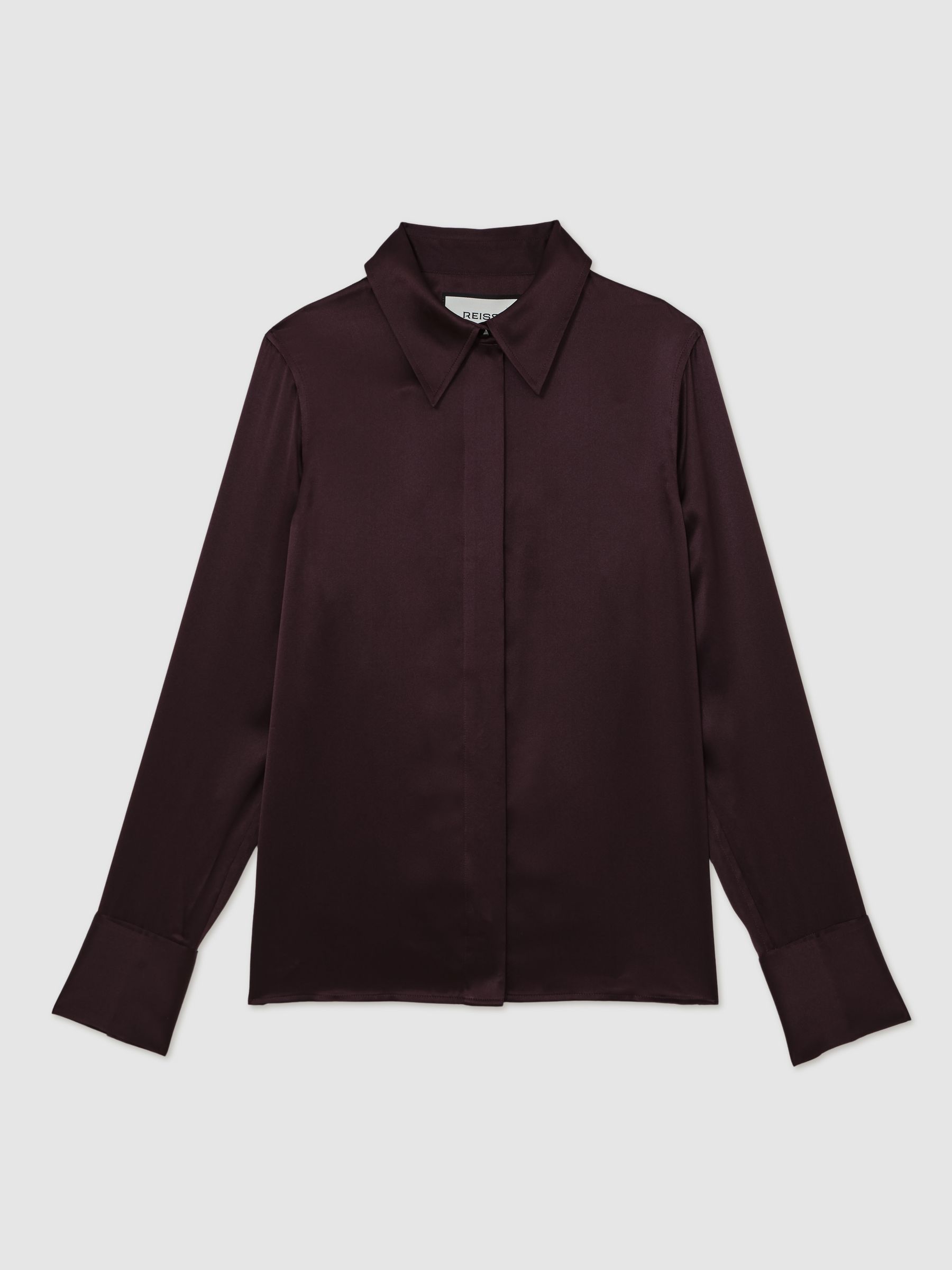 Petite Silk-Satin Concealed-Placket Shirt in Burgundy - Image 2 of 7 Petite Silk-Satin Concealed-Placket Shirt in Burgundy - Image 2 of 7