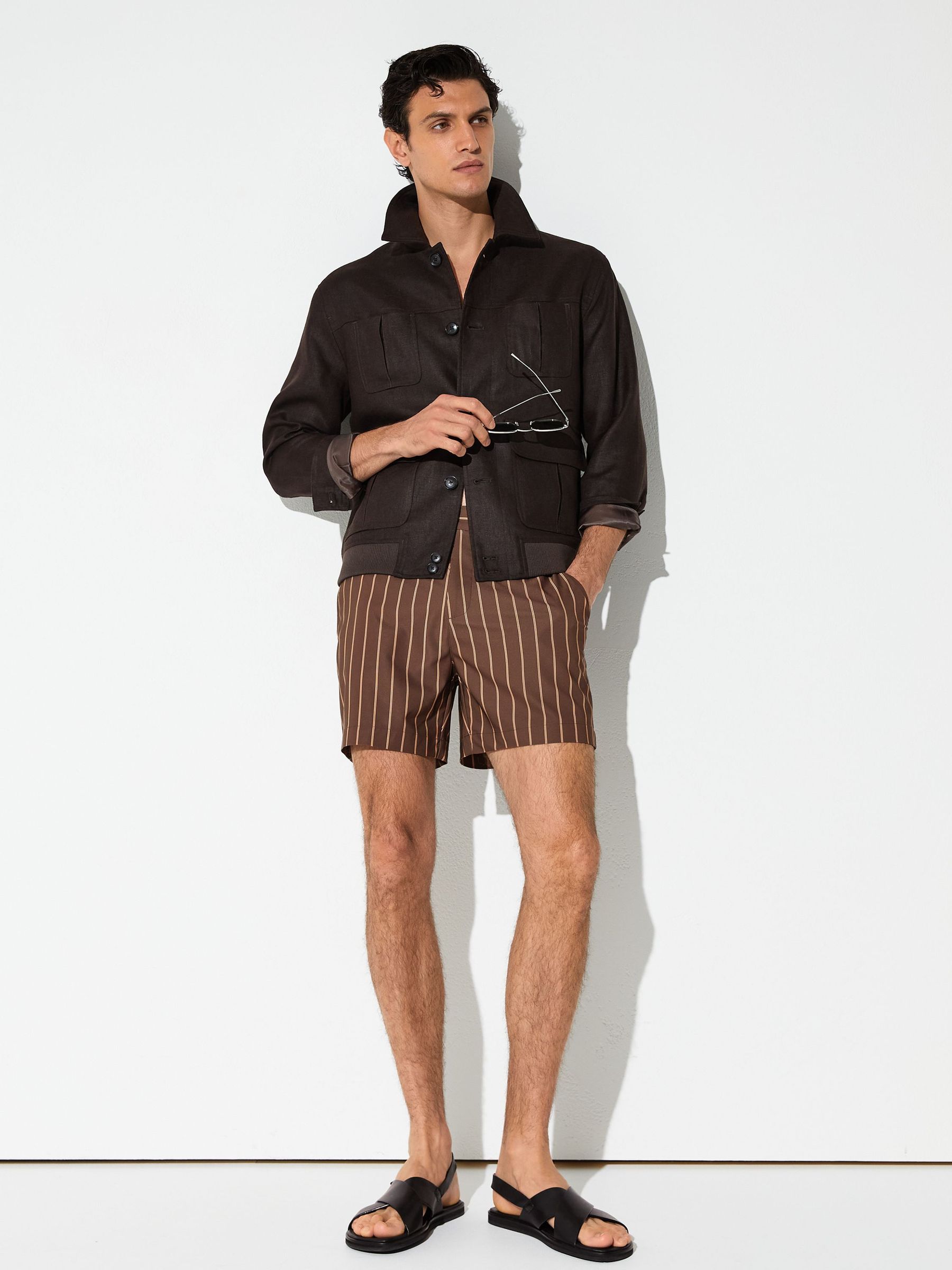 Pinstripe Side-Adjuster Swim Shorts in Dark Brown - image 2