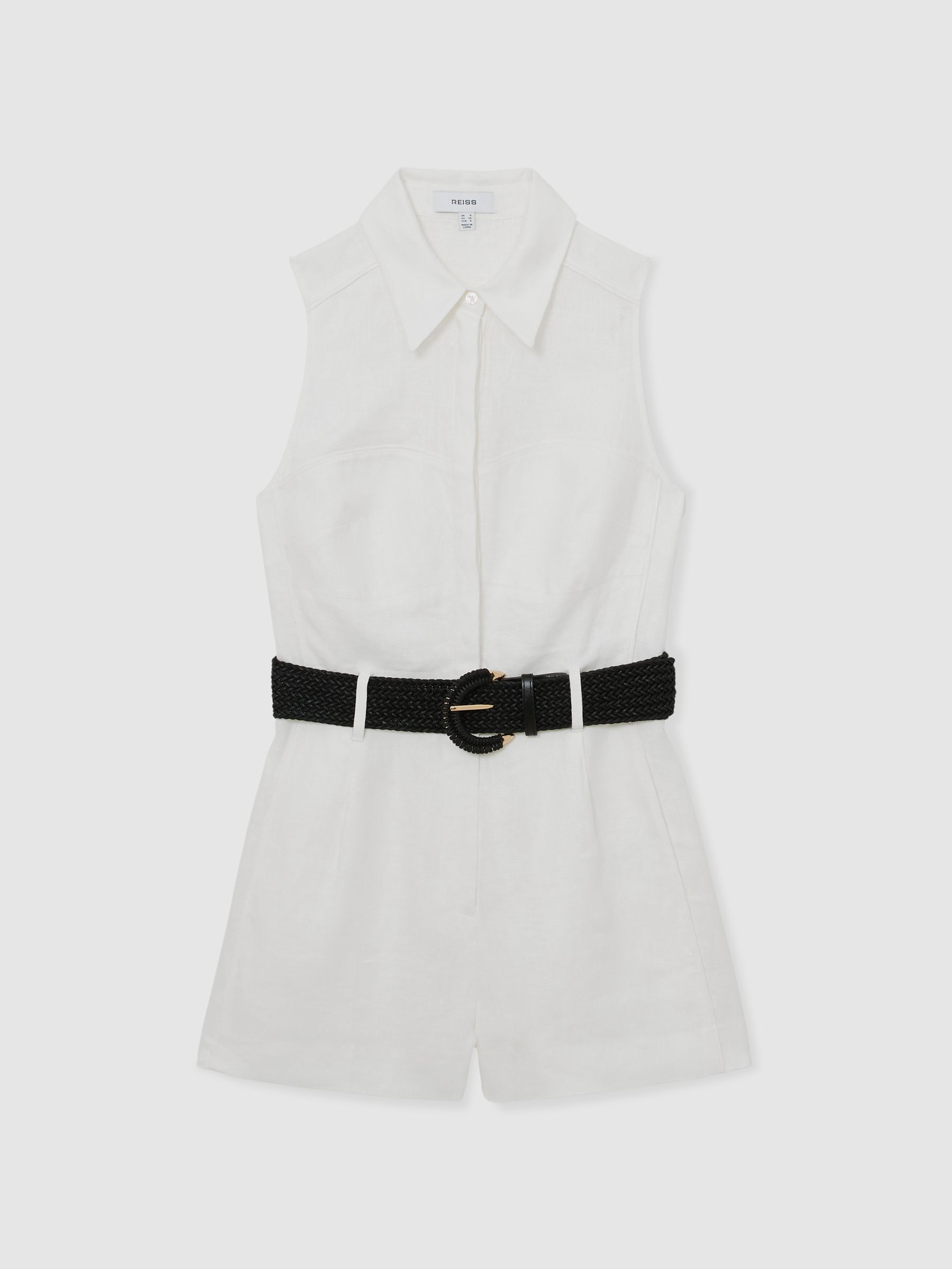 Linen Sleeveless Belted Playsuit in Ivory - Image 2 of 6