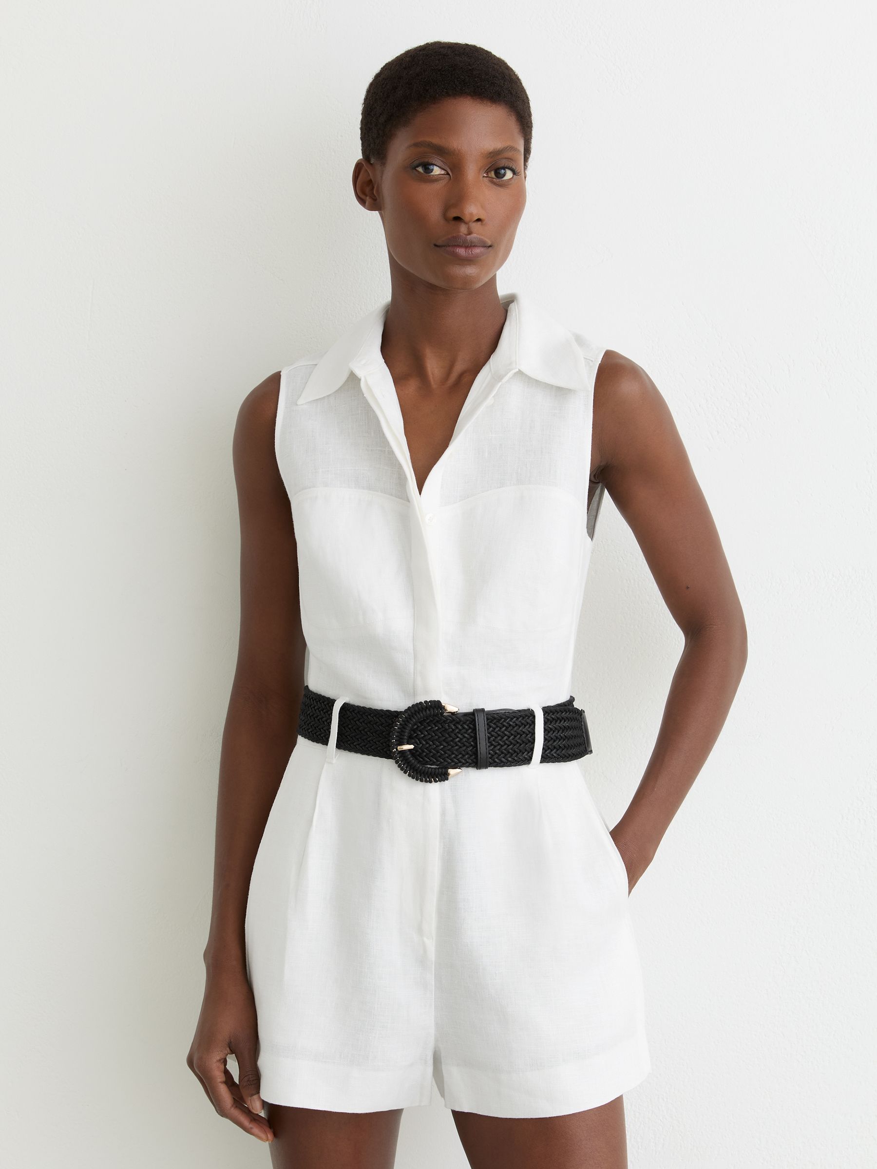 Linen Sleeveless Belted Playsuit in Ivory - Image 3 of 6