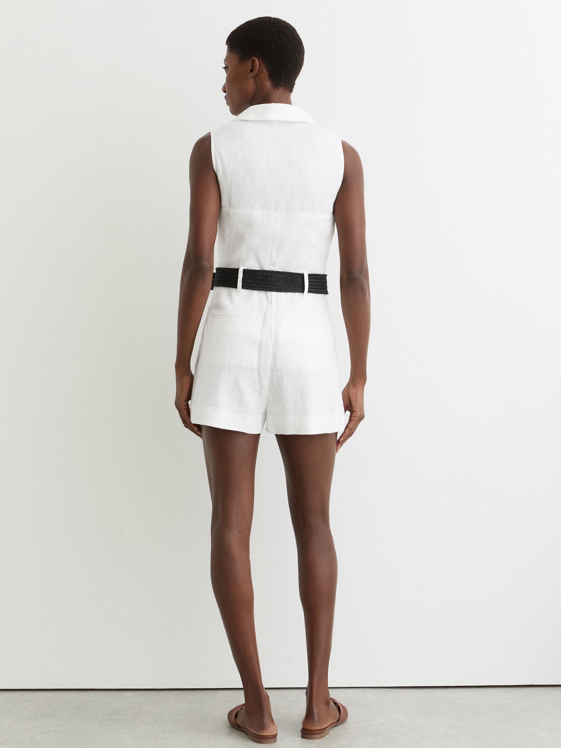 Linen Sleeveless Belted Playsuit in Ivory - Image 5 of 6