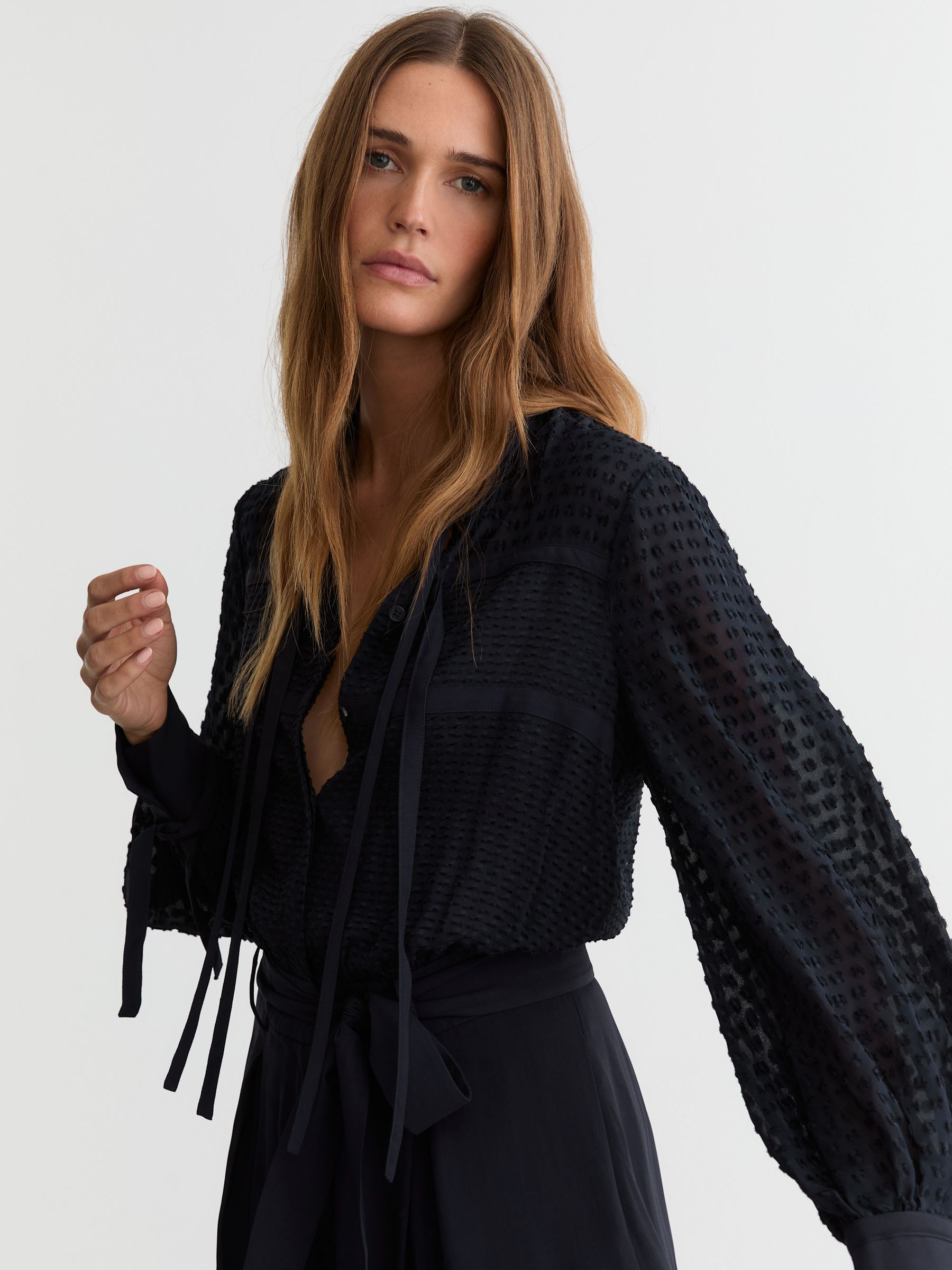 Embroidered Long-Sleeve Belted Playsuit in Navy