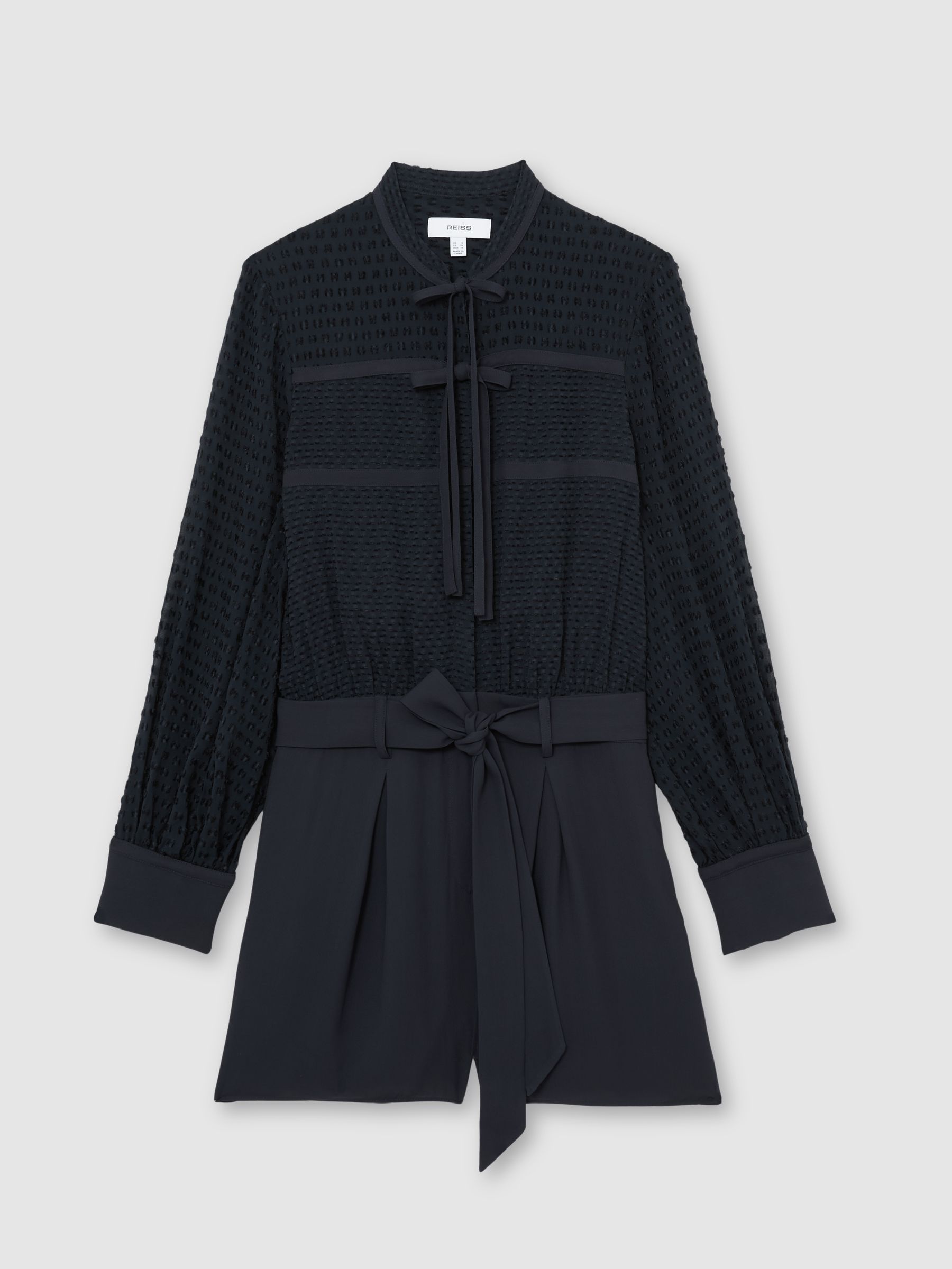 Embroidered Long-Sleeve Belted Playsuit in Navy - Image 2 of 7