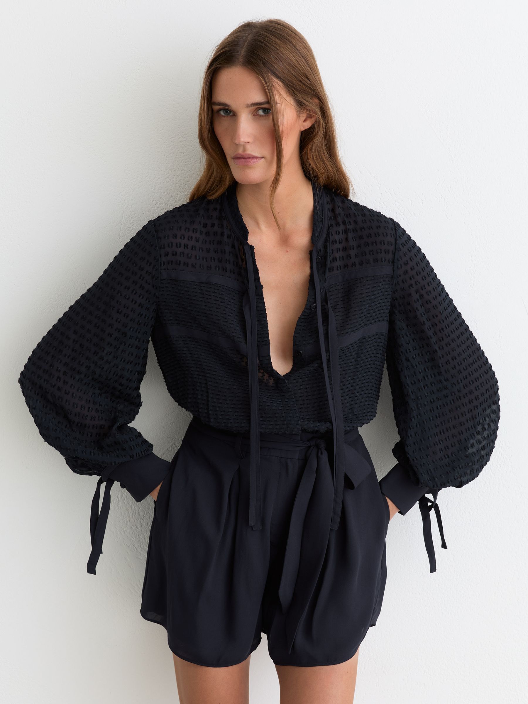 Embroidered Long-Sleeve Belted Playsuit in Navy - Image 4 of 7