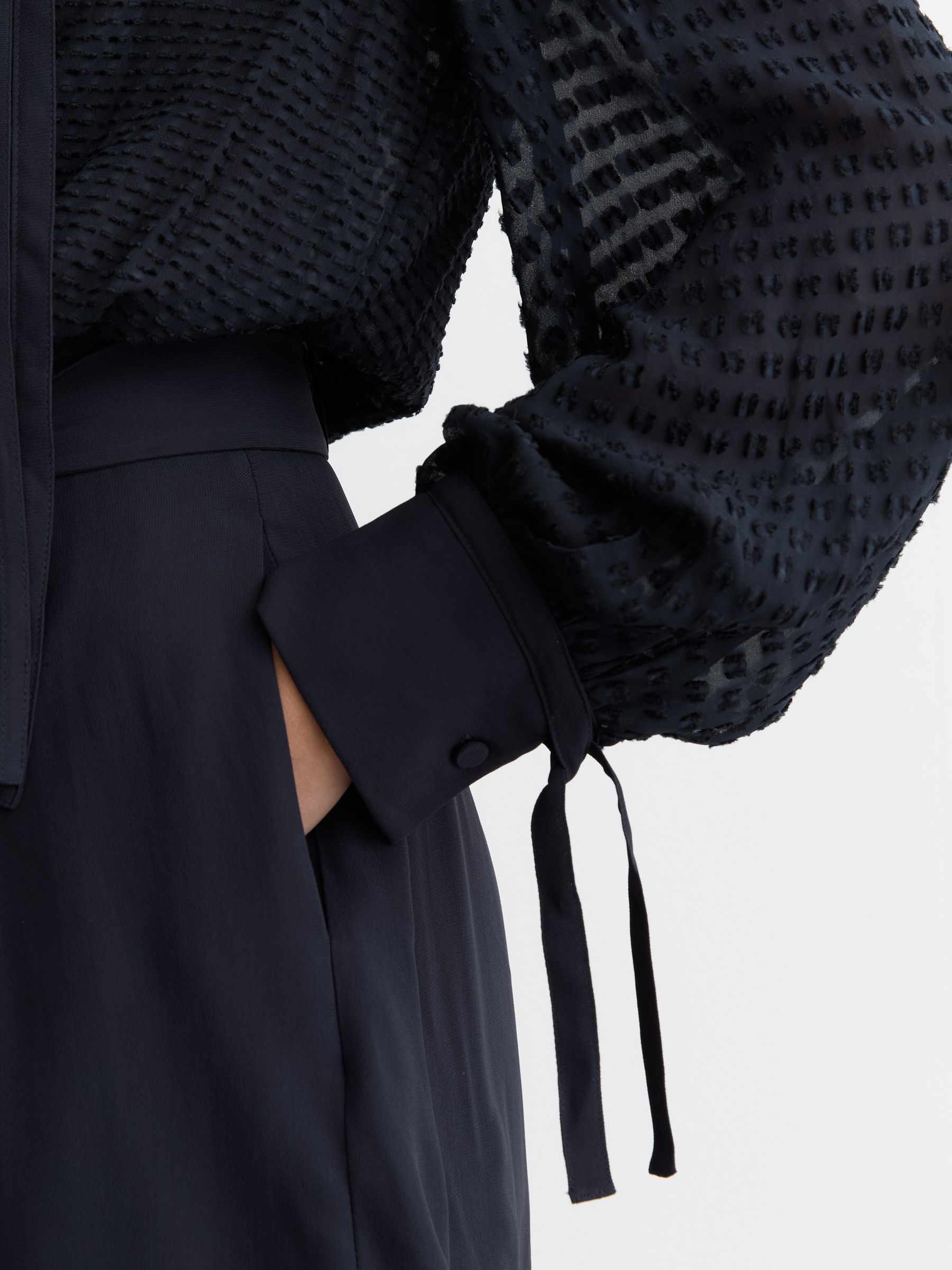 Embroidered Long-Sleeve Belted Playsuit in Navy - Image 5 of 7