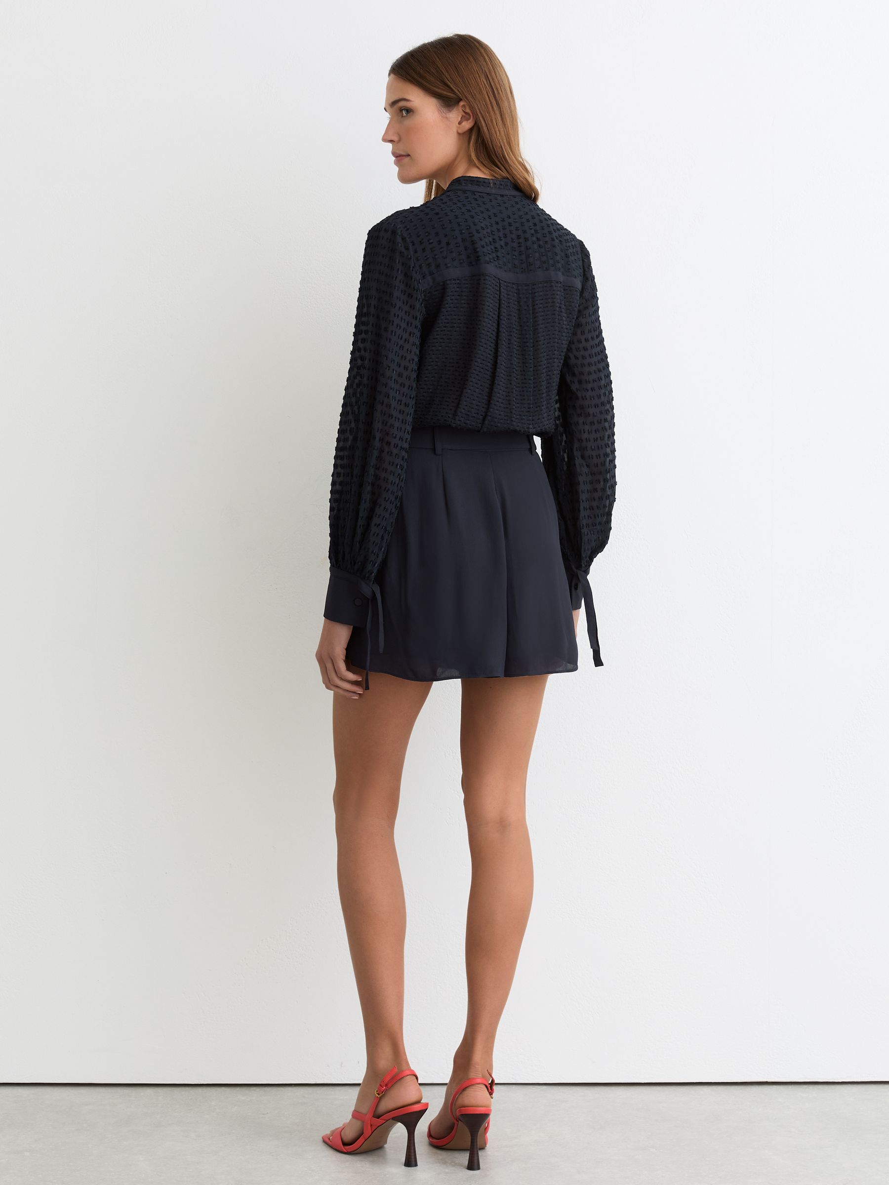Embroidered Long-Sleeve Belted Playsuit in Navy - image 3