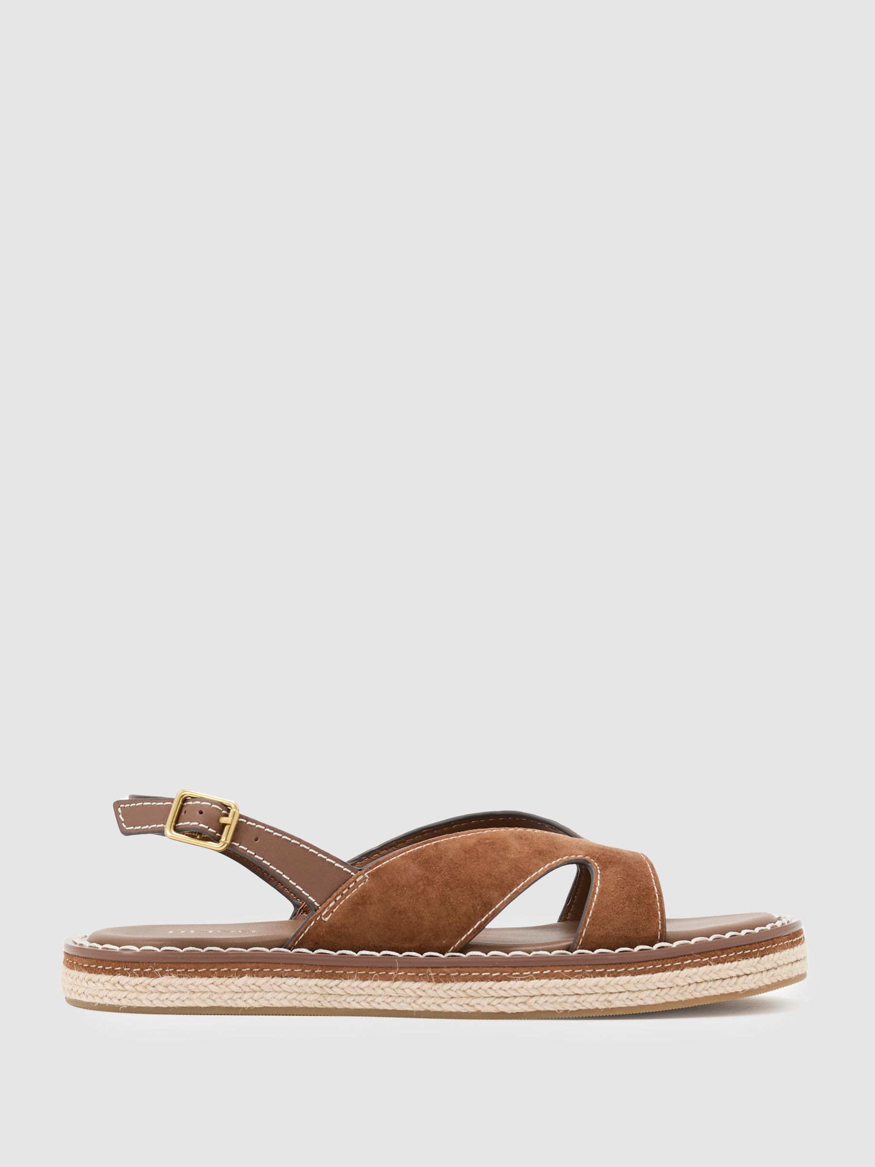 Suede Contrast-Stitch Flat Sandals in Tan - Image 1 of 4