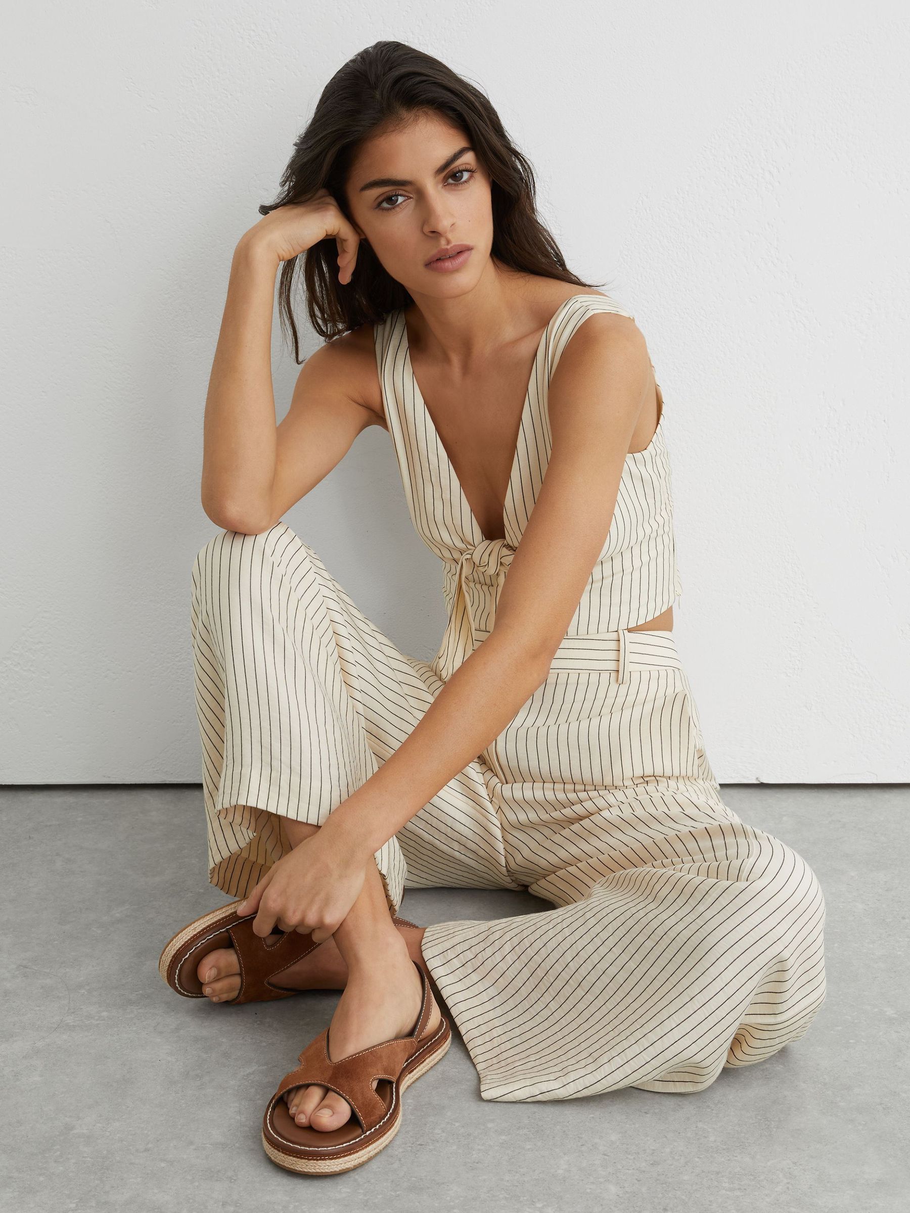 Suede Contrast-Stitch Flat Sandals in Tan - image 1