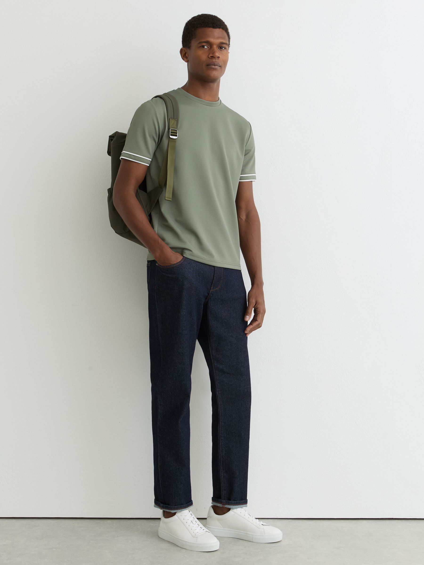 Piped-Trim Textured T-Shirt in Sage Green - Image 3 of 6