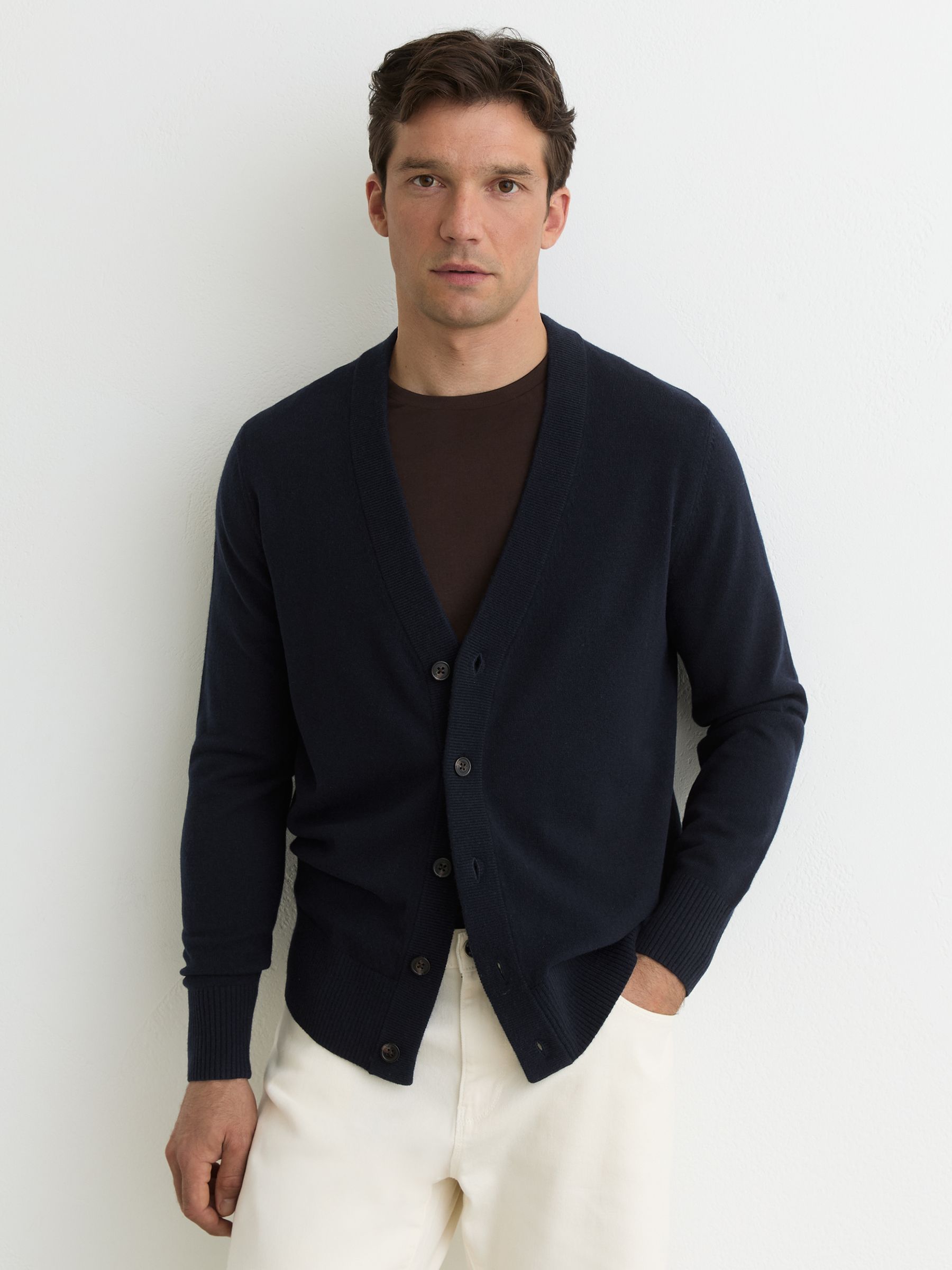 Merino Wool V-Neck Cardigan in Navy - Image 1 of 6
