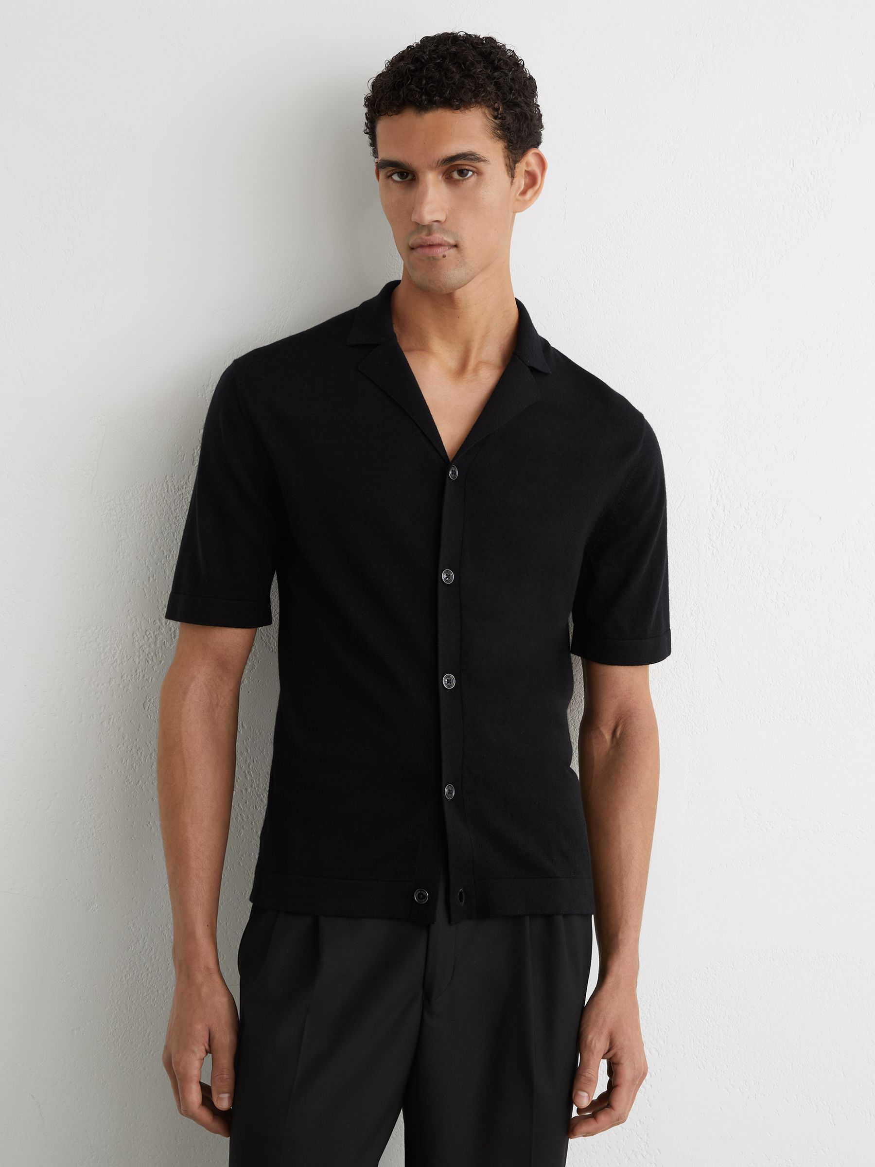 Chemise en laine mérinos à col cubain noir - Image 1 de 5
