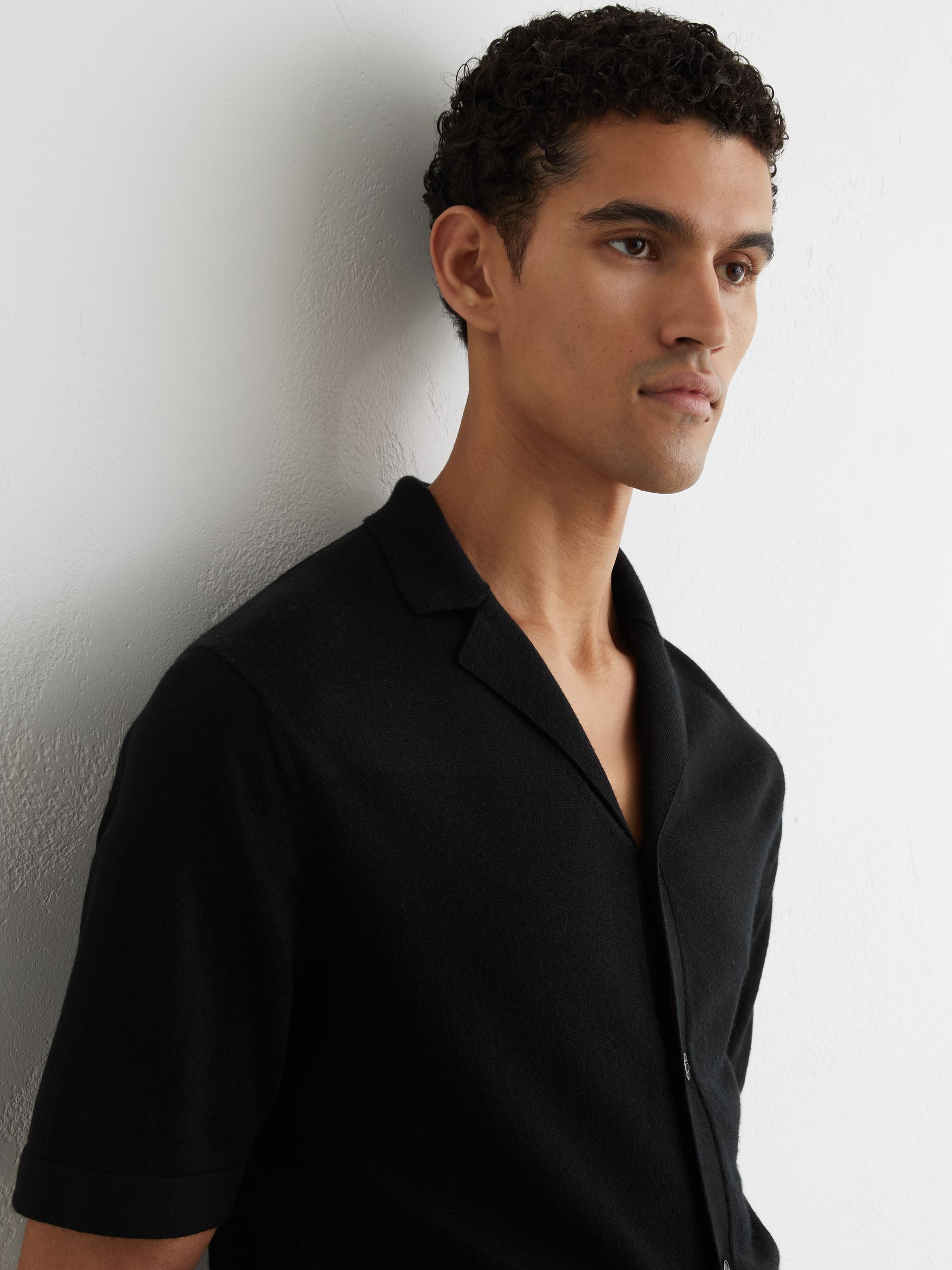 Merino Wool Cuban-Collar Shirt in Black - image 3