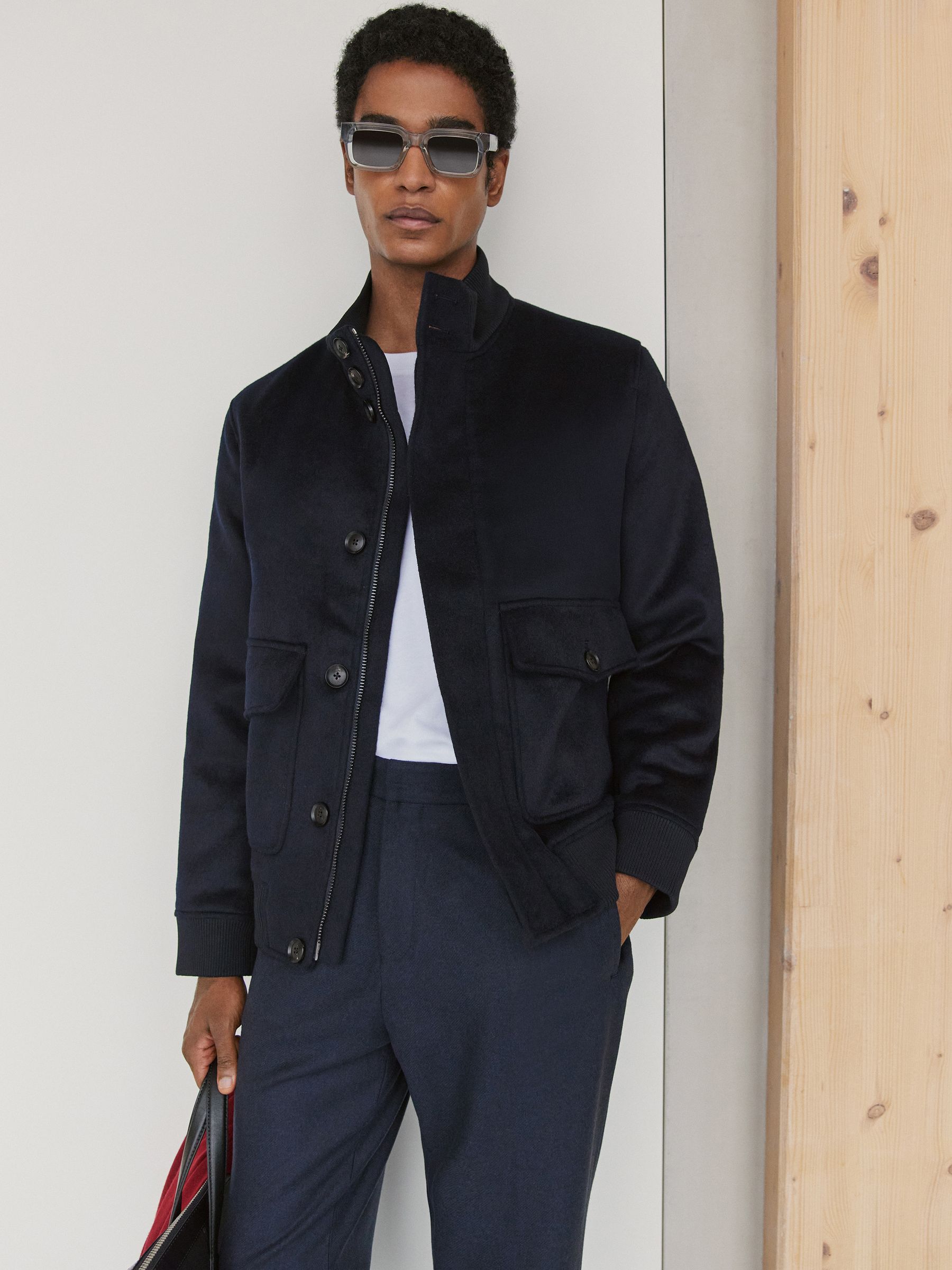 Wool-Blend Funnel-Neck Bomber Jacket in Navy - image 3