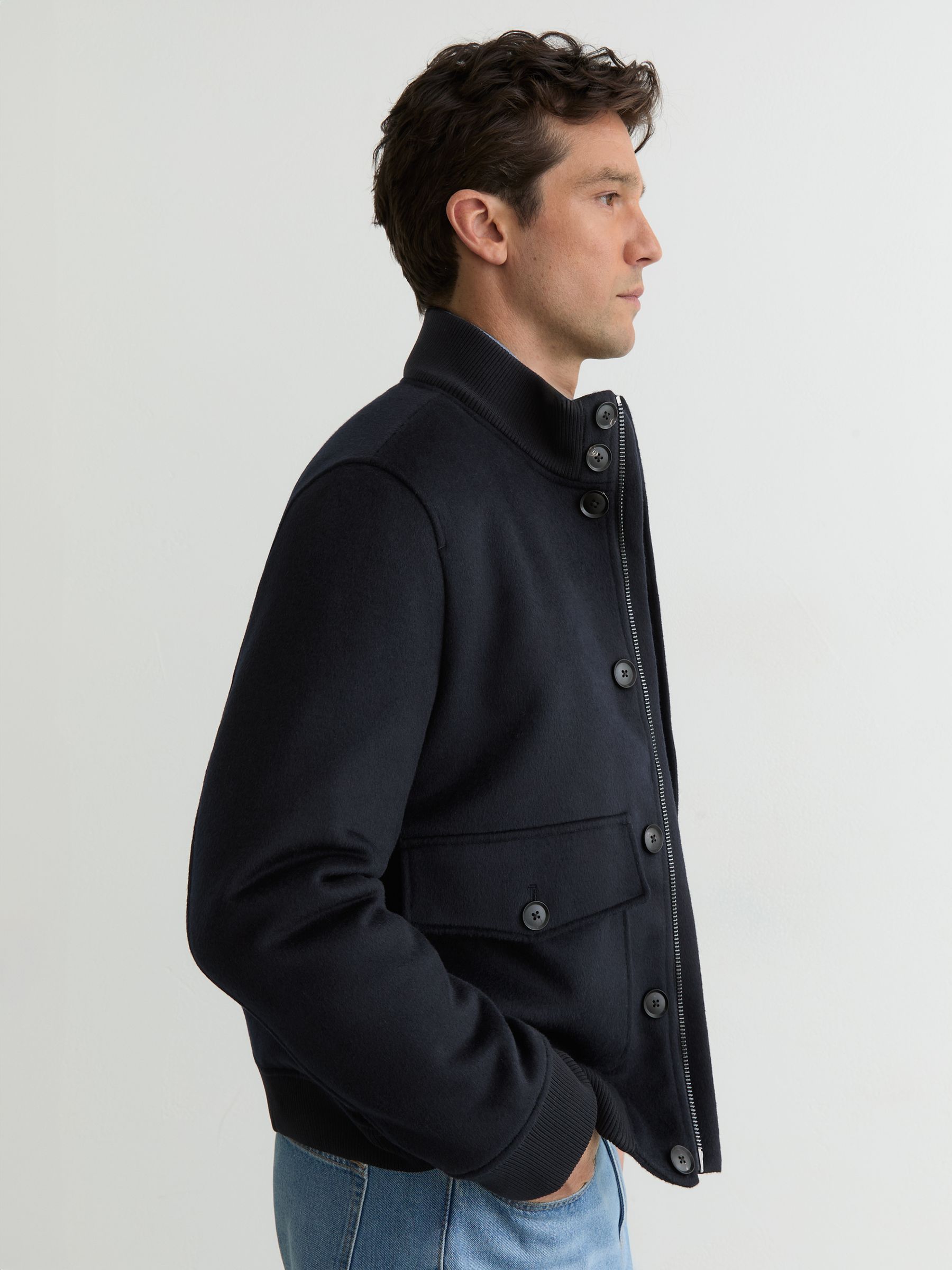 Reiss Wool-Blend Funnel-Neck Bomber Jacket in Navy - REISS