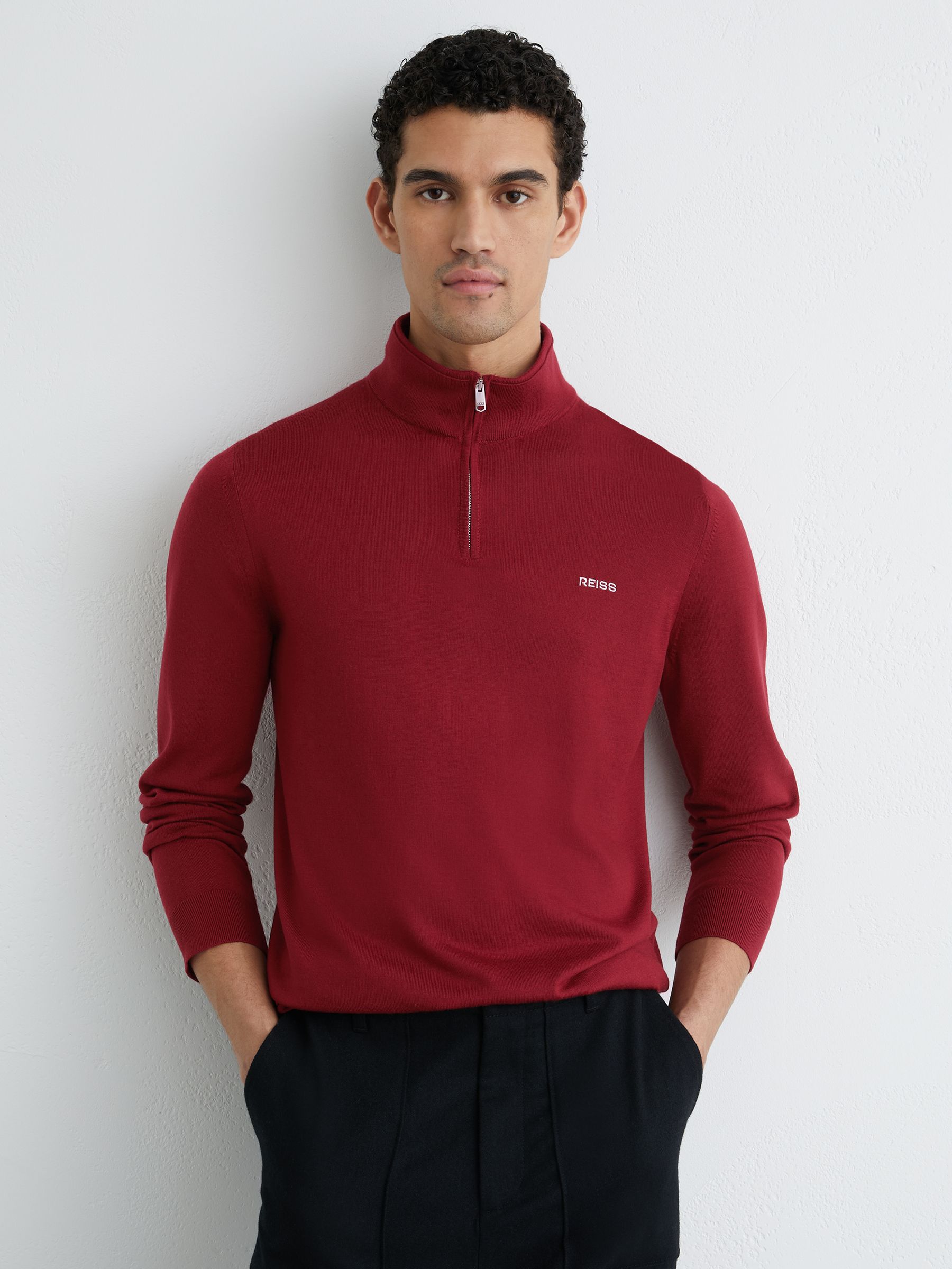 Merino Wool Half-Zip Logo Jumper in Red - Image 1 of 5 Merino Wool Half-Zip Logo Jumper in Red - Image 1 of 5