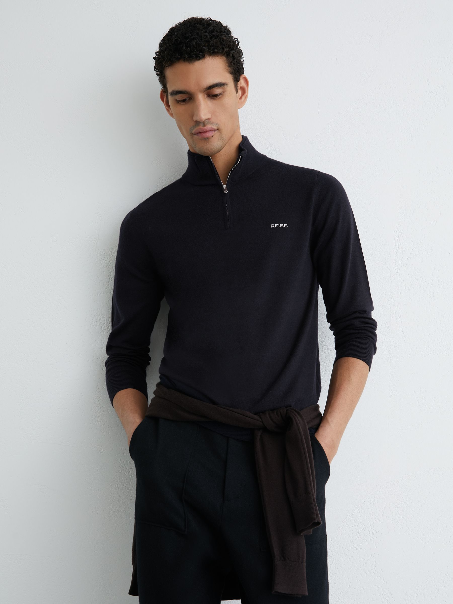 Merino Wool Half-Zip Logo Jumper in Navy - Image 1 of 6
