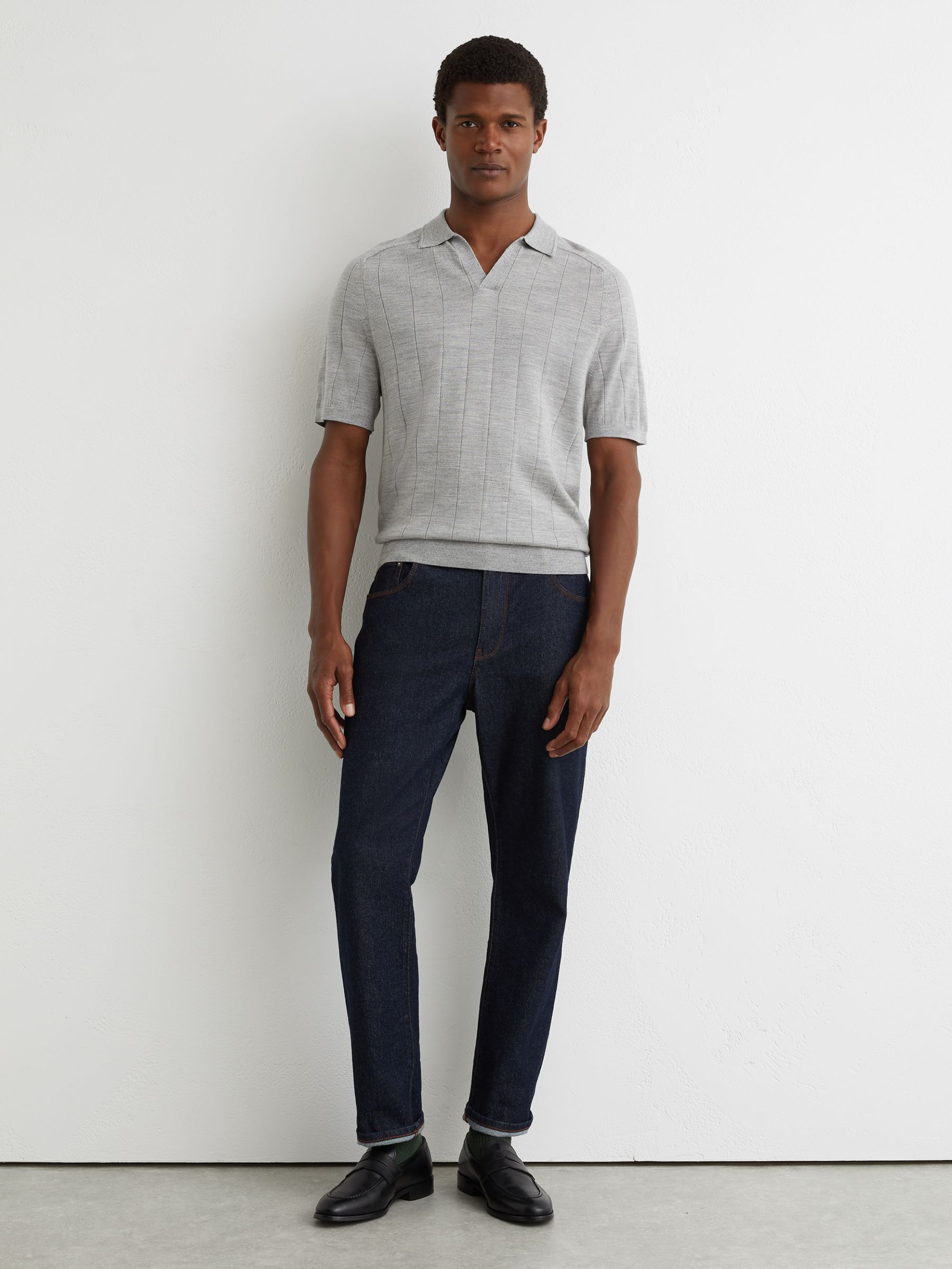 Merino Wool Wide-Rib Polo Jumper in Soft Grey Mouline - Image 1 of 6