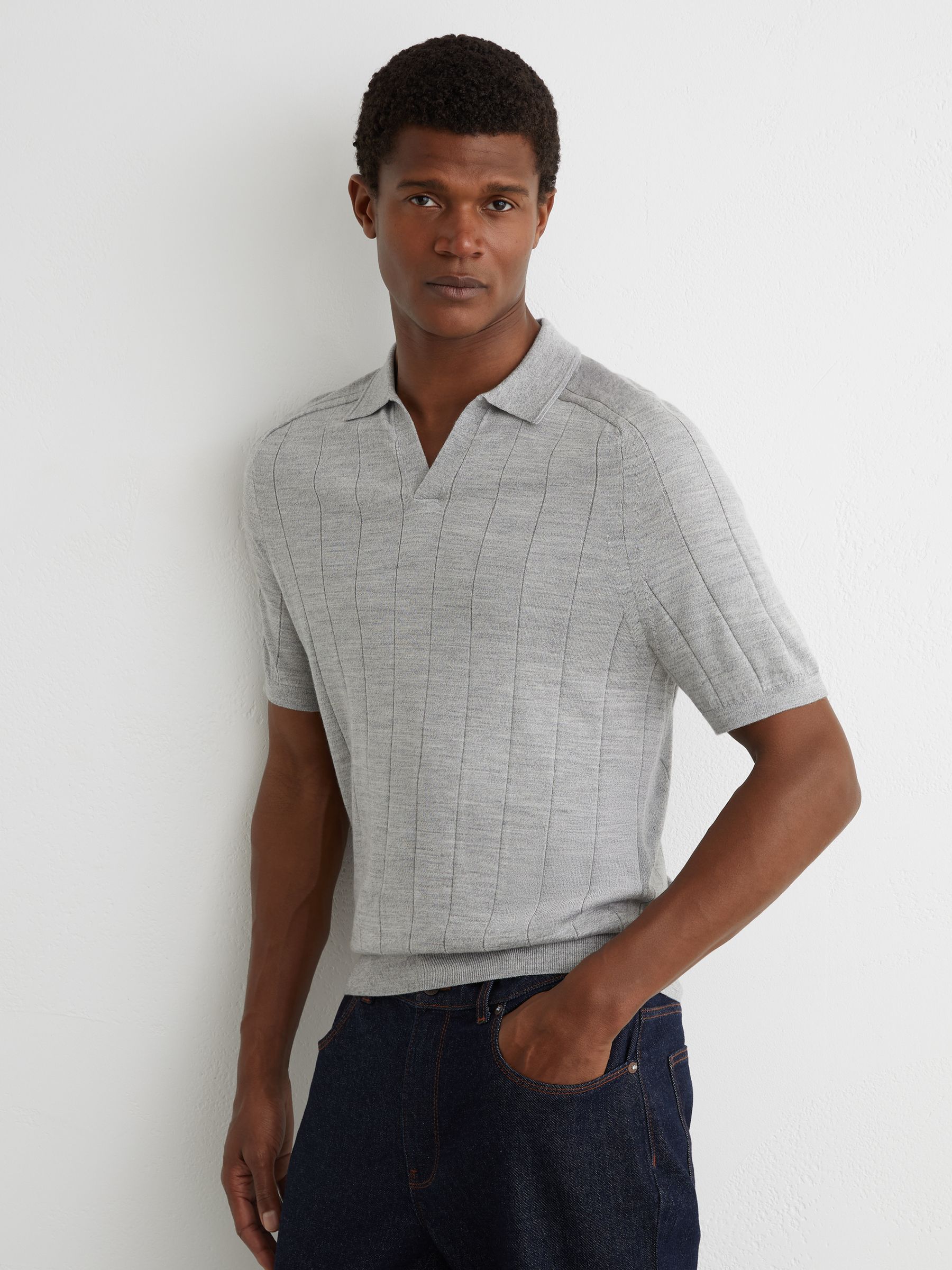 Merino Wool Wide-Rib Polo Jumper in Soft Grey Mouline - Image 3 of 6
