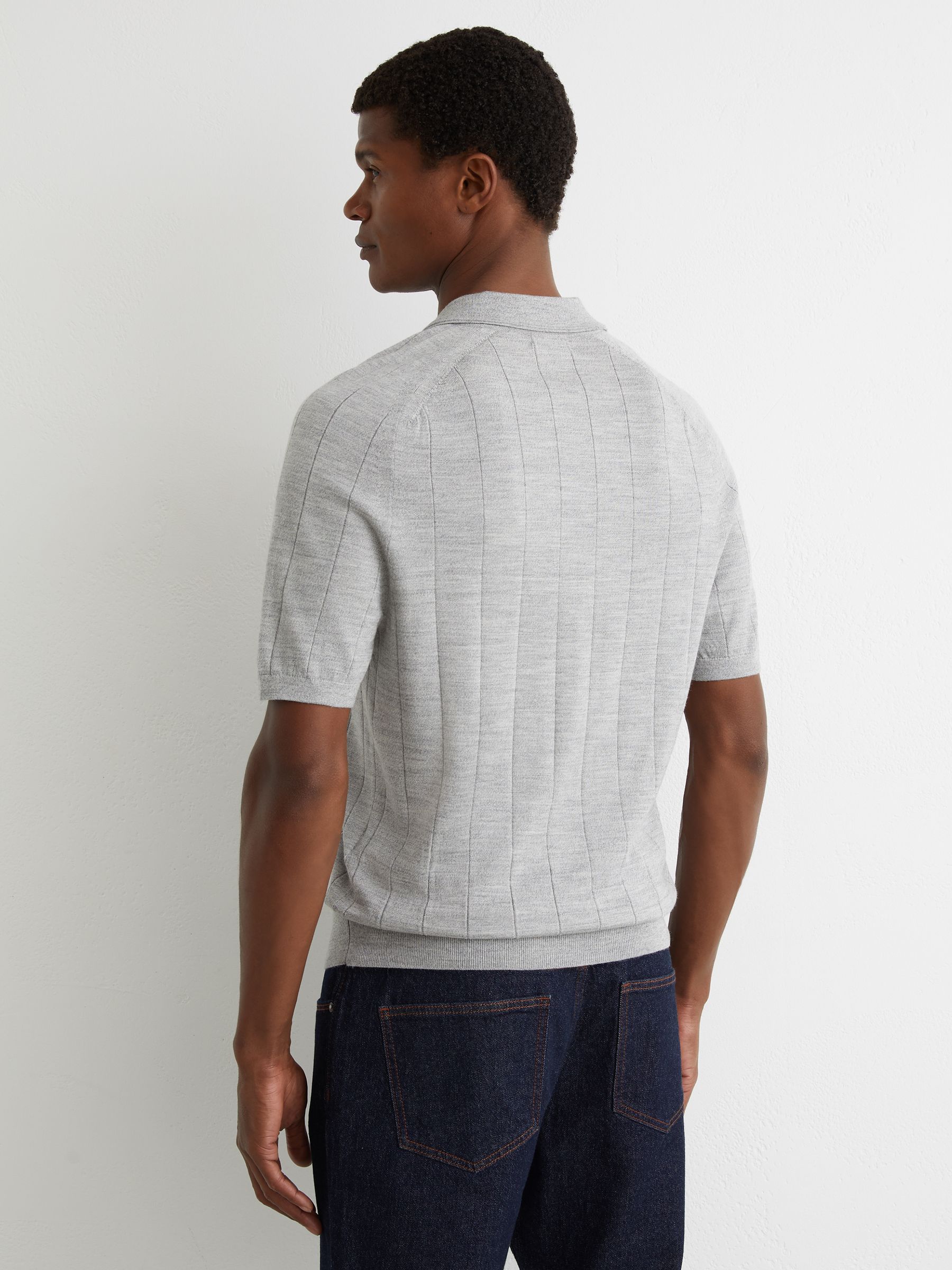 Merino Wool Wide-Rib Polo Jumper in Soft Grey Mouline - Image 5 of 6