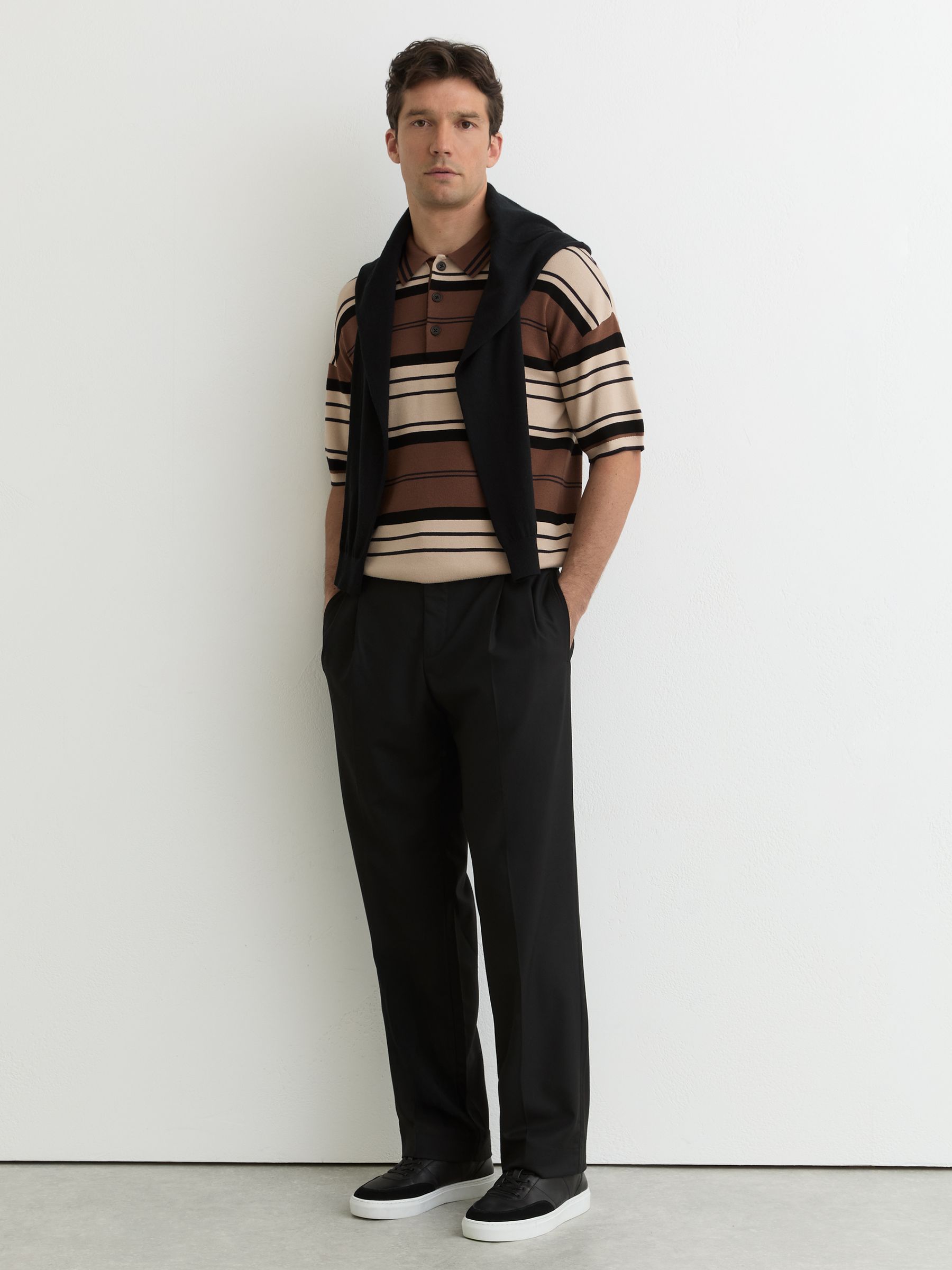 Stripe Knit Half-Button Polo Shirt in Camel Multi - Image 1 of 6