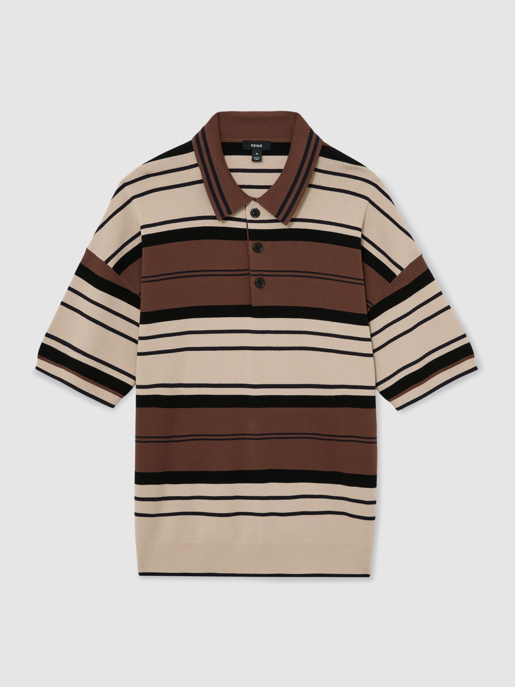 Stripe Knit Half-Button Polo Shirt in Camel Multi - Image 2 of 6