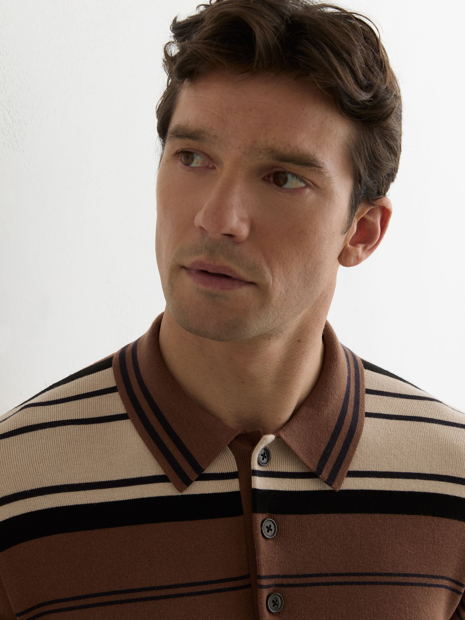 Stripe Knit Half-Button Polo Shirt in Camel Multi - Image 3 of 6