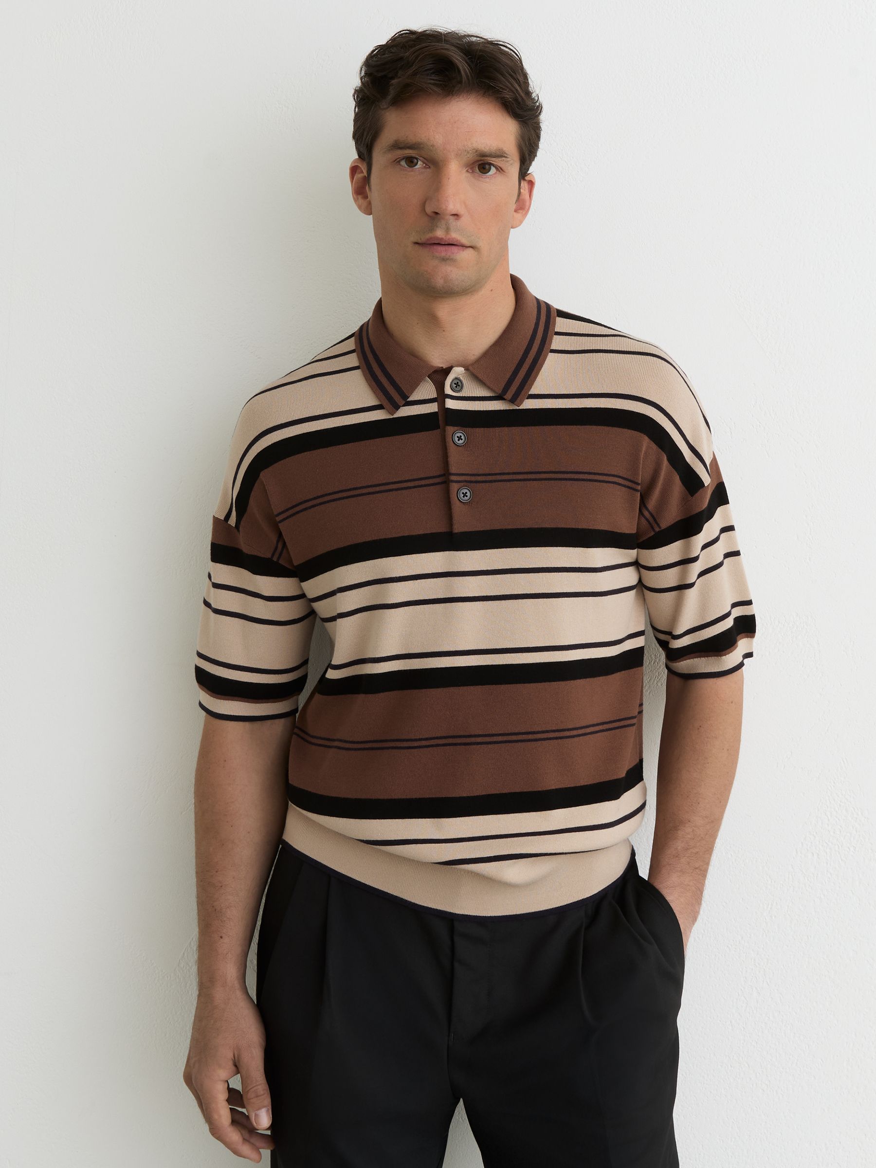 Stripe Knit Half-Button Polo Shirt in Camel Multi - Image 4 of 6