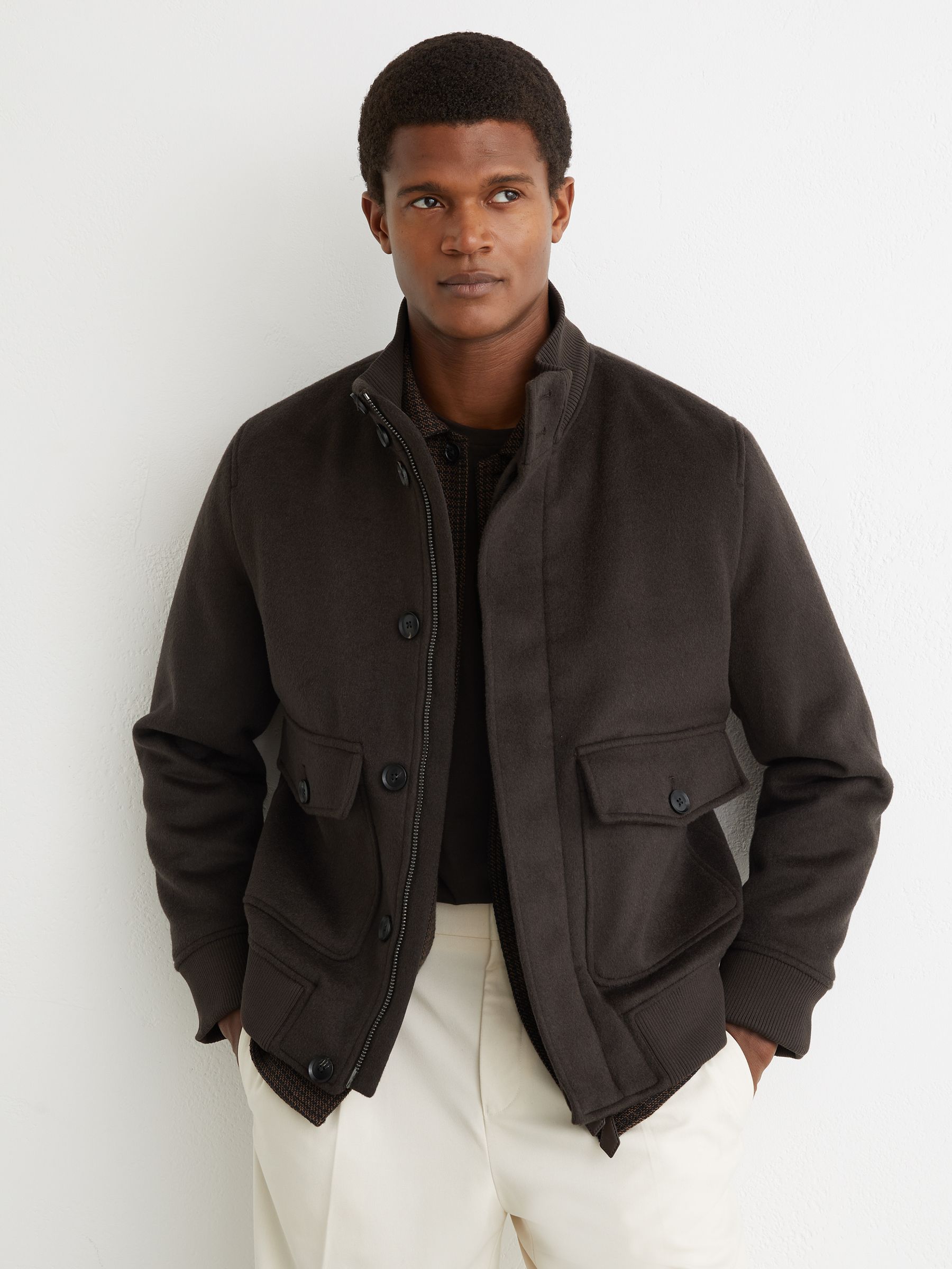 Wool-Blend Funnel-Neck Bomber Jacket in Chocolate Brown - Image 1 of 7
