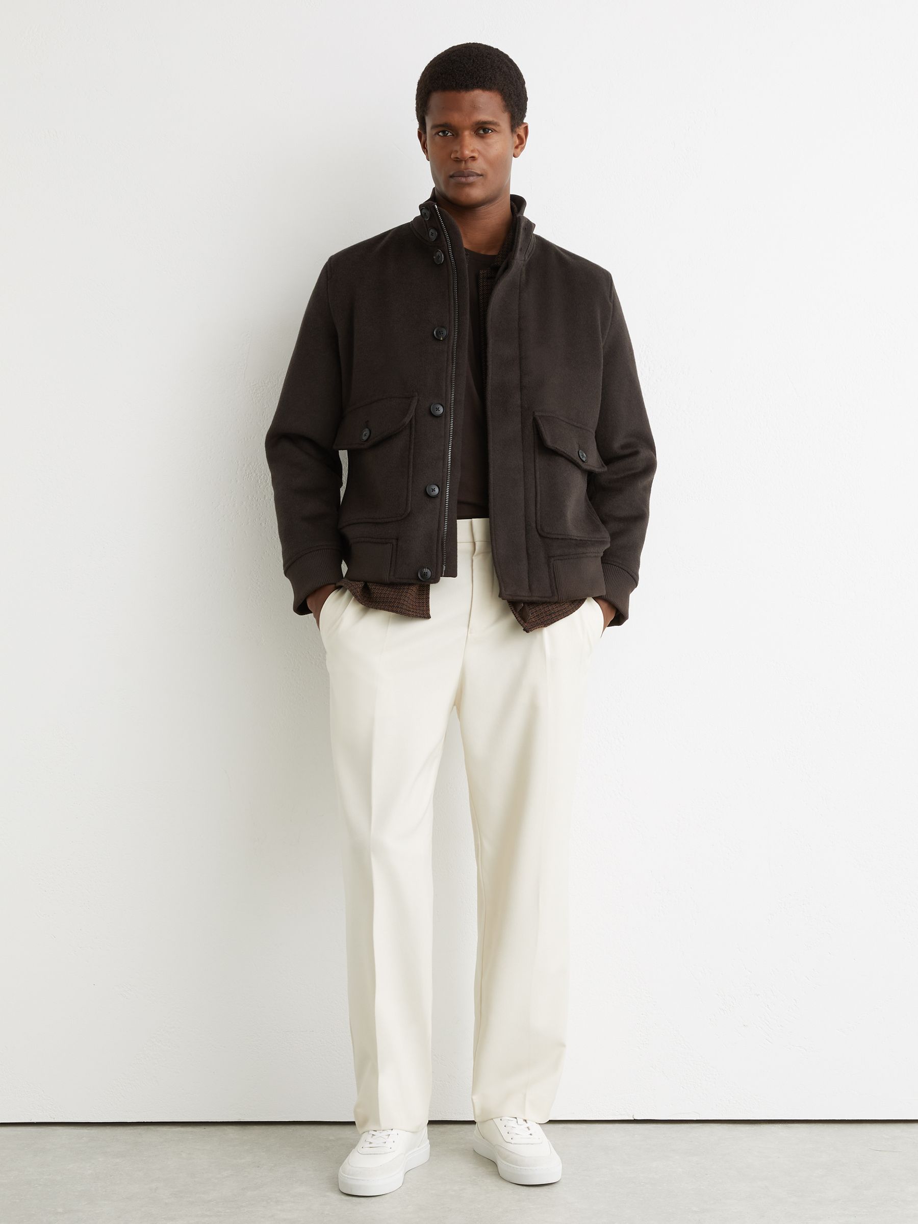 Wool-Blend Funnel-Neck Bomber Jacket in Chocolate Brown - Image 3 of 7