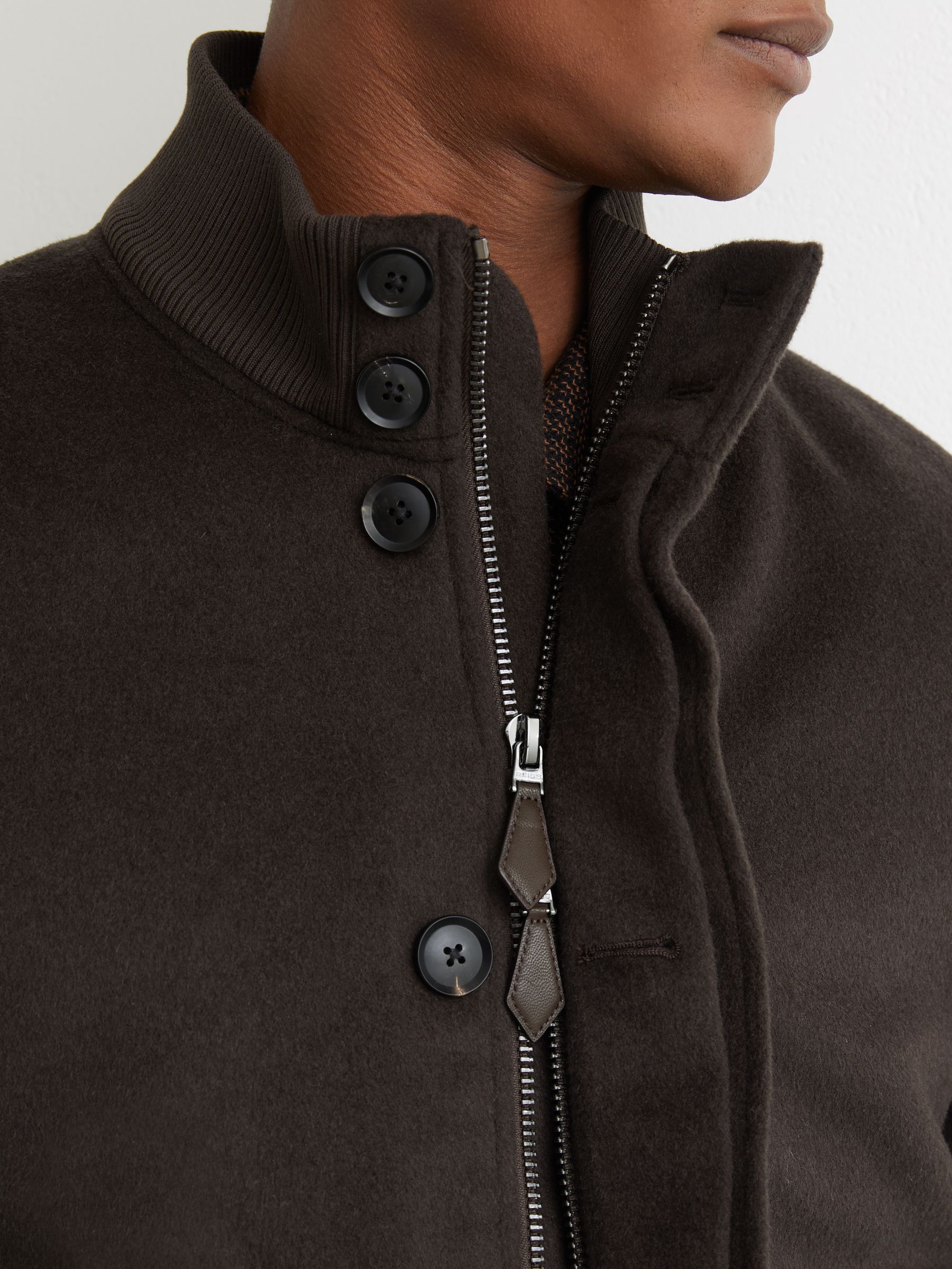 Reiss Wool-Blend Funnel-Neck Bomber Jacket in Chocolate Brown | REISS