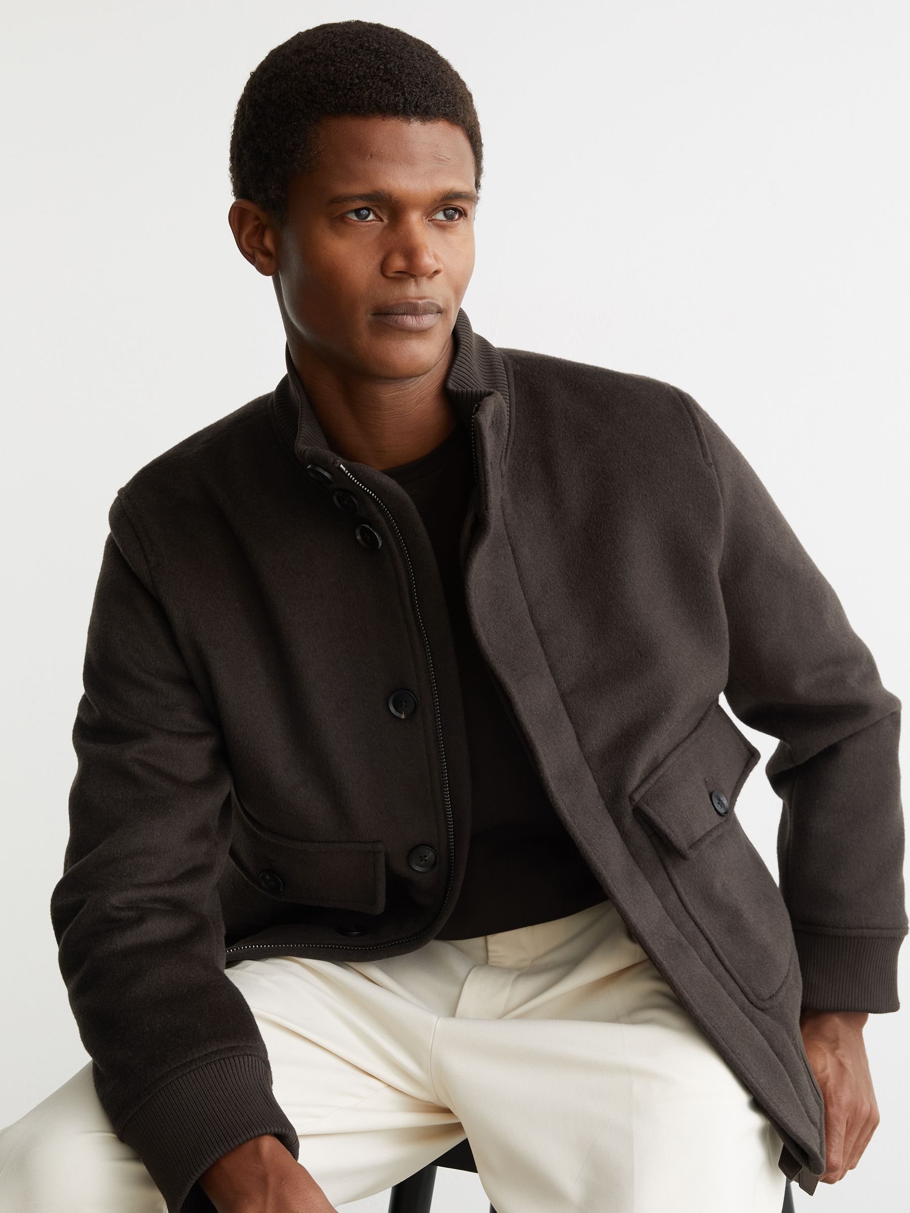 Wool-Blend Funnel-Neck Bomber Jacket in Chocolate Brown - Image 5 of 7