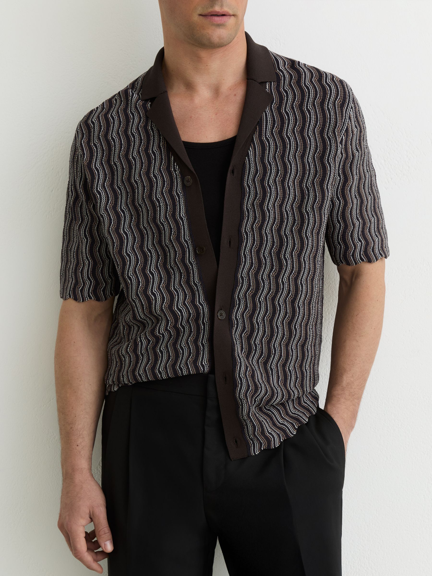 Wavy-Stripe Cuban-Collar Knit Shirt in Brown - Image 1 of 7