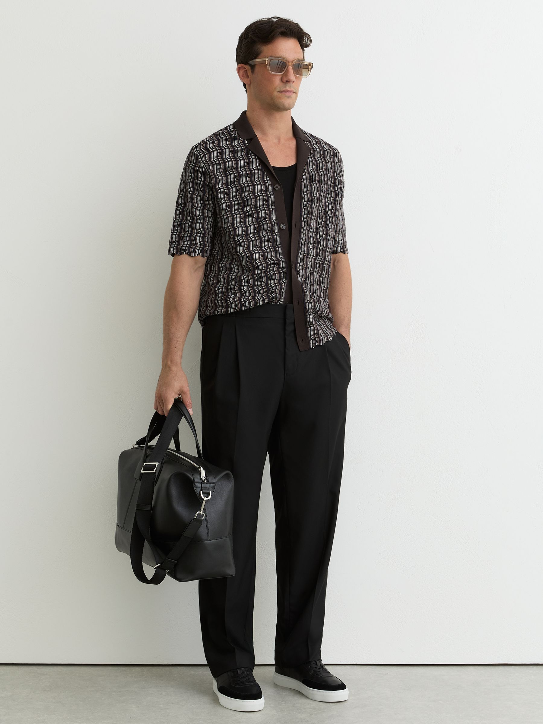 Wavy-Stripe Cuban-Collar Knit Shirt in Brown - Image 3 of 7