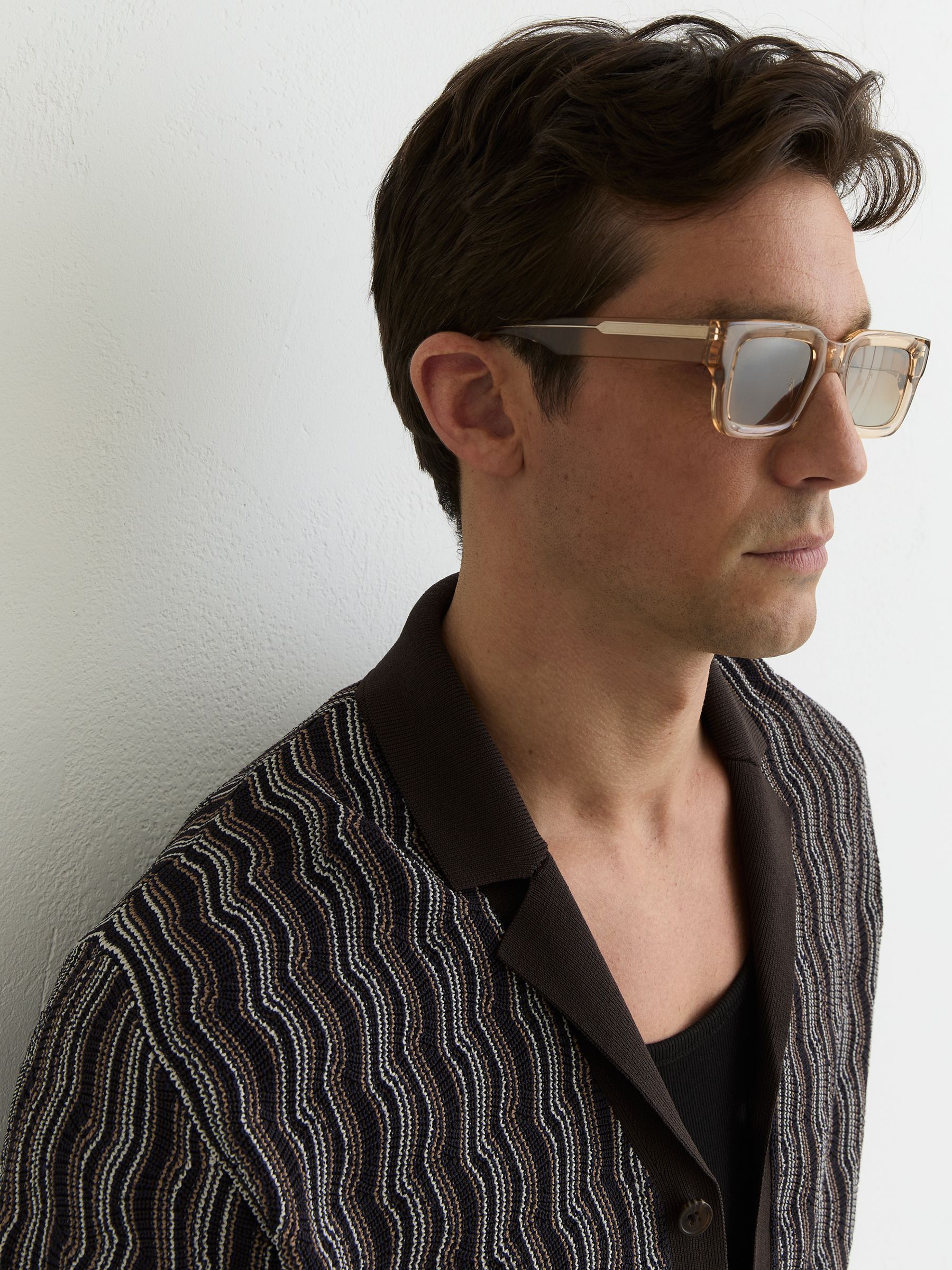 Wavy-Stripe Cuban-Collar Knit Shirt in Brown - Image 4 of 7