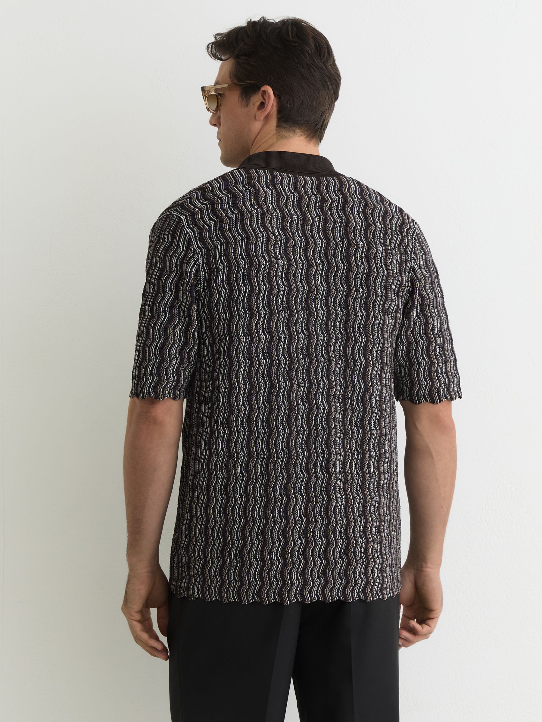 Wavy-Stripe Cuban-Collar Knit Shirt in Brown - Image 6 of 7