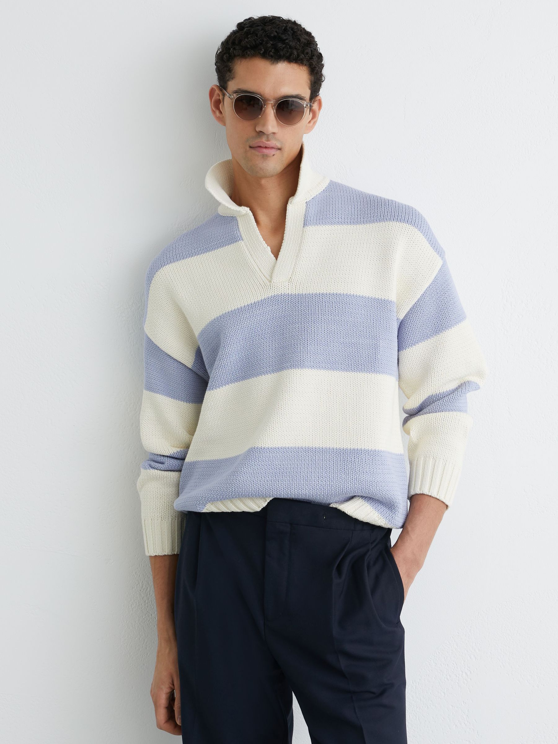 Cotton-Blend Open-Collar Rugby Jumper in White/Soft Blue Melange - image 2