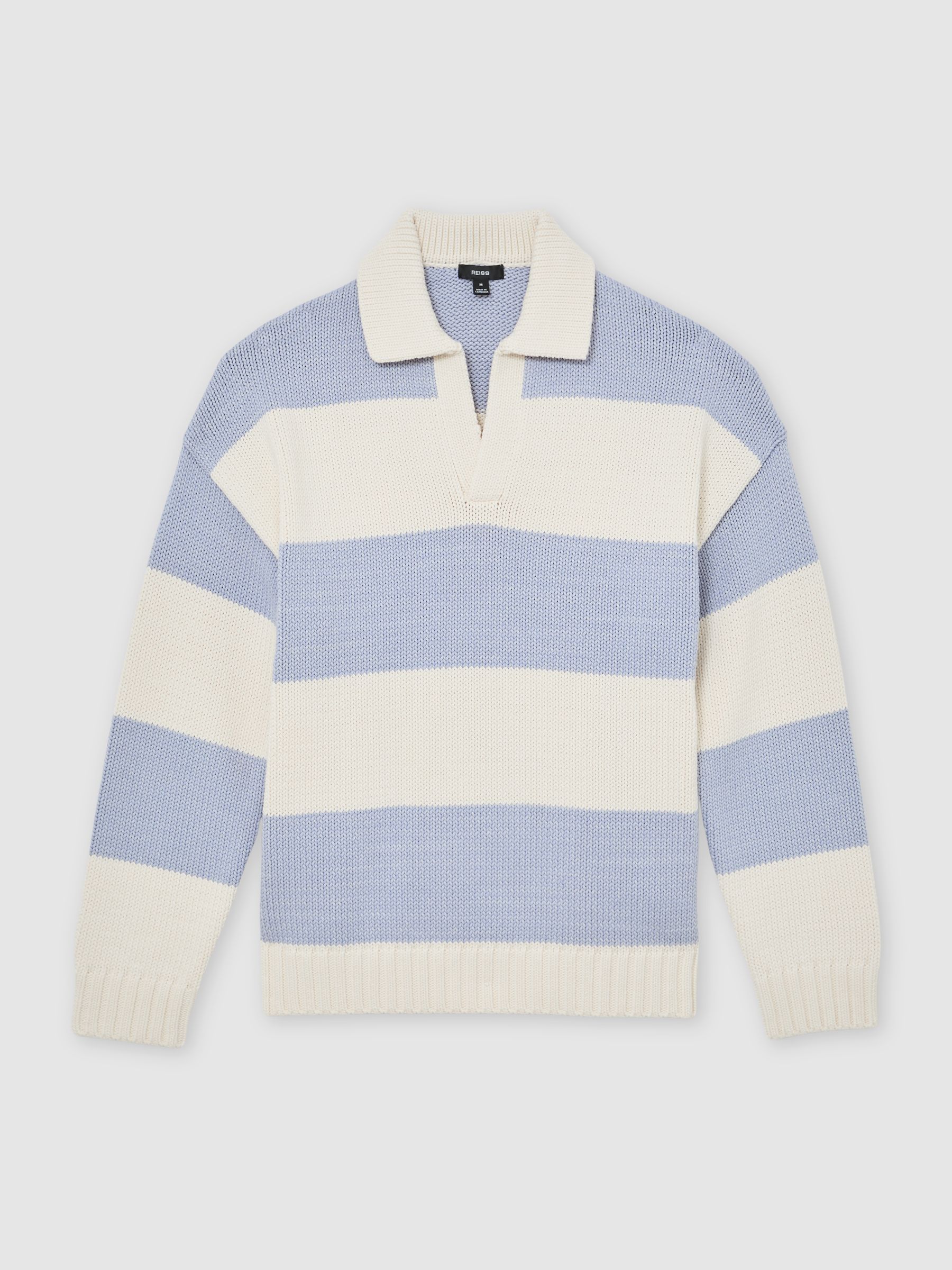 Cotton-Blend Open-Collar Rugby Jumper in White/Soft Blue Melange - image 1