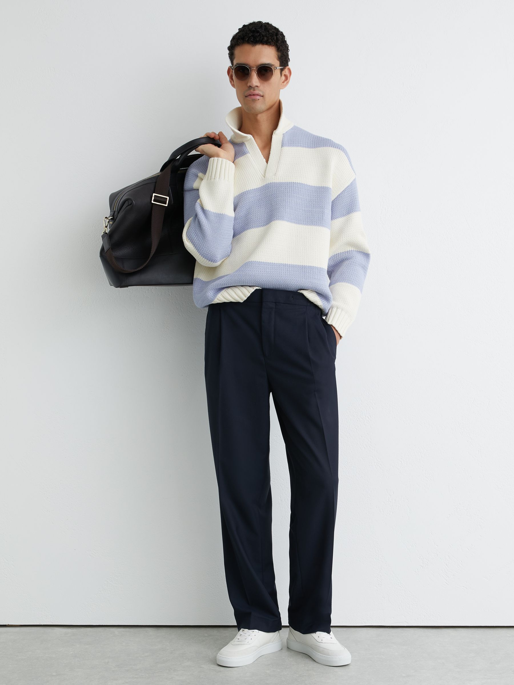 Cotton-Blend Open-Collar Rugby Jumper in White/Soft Blue Melange - image 3