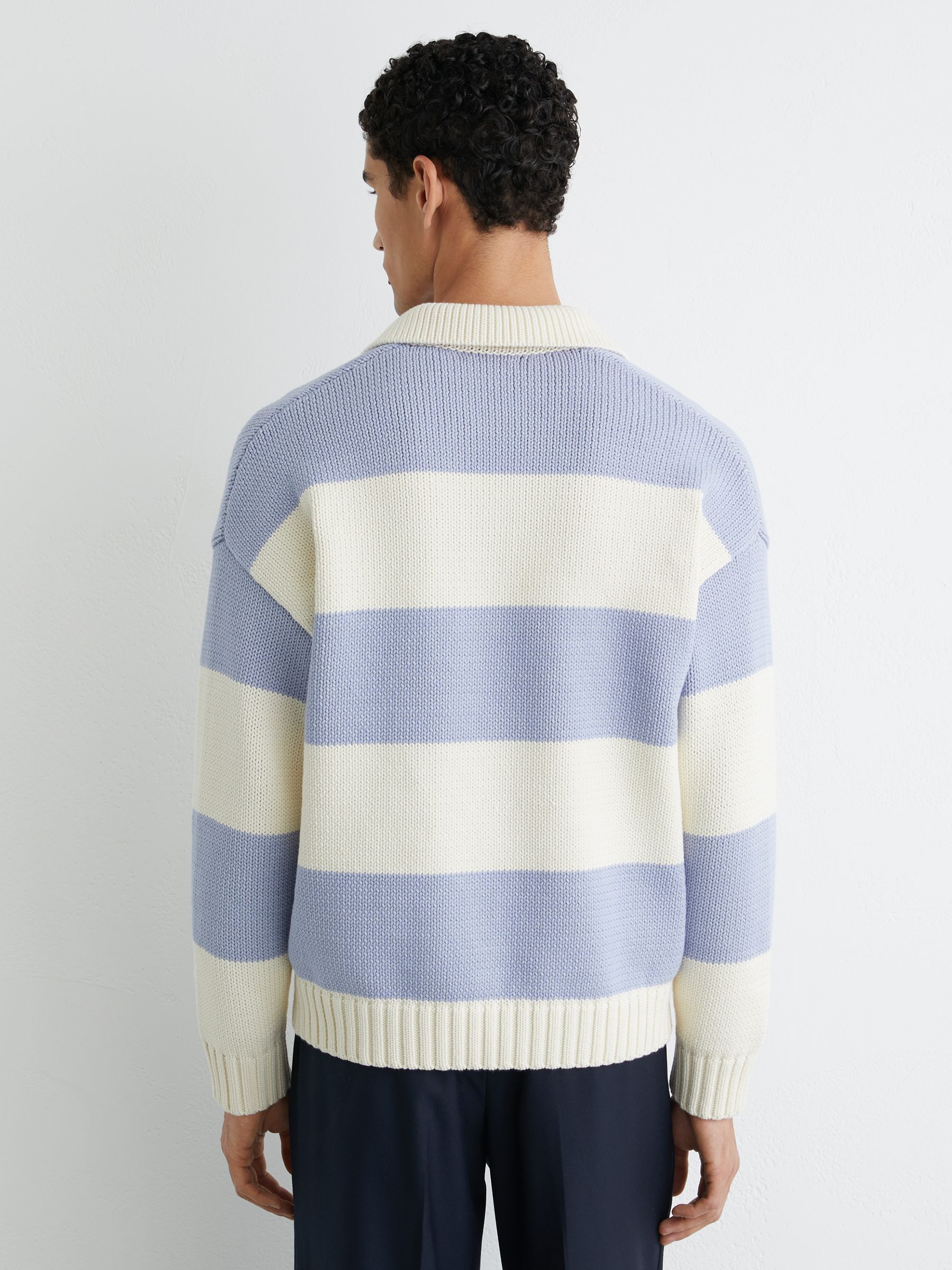 Cotton-Blend Open-Collar Rugby Jumper in White/Soft Blue Melange - image 5