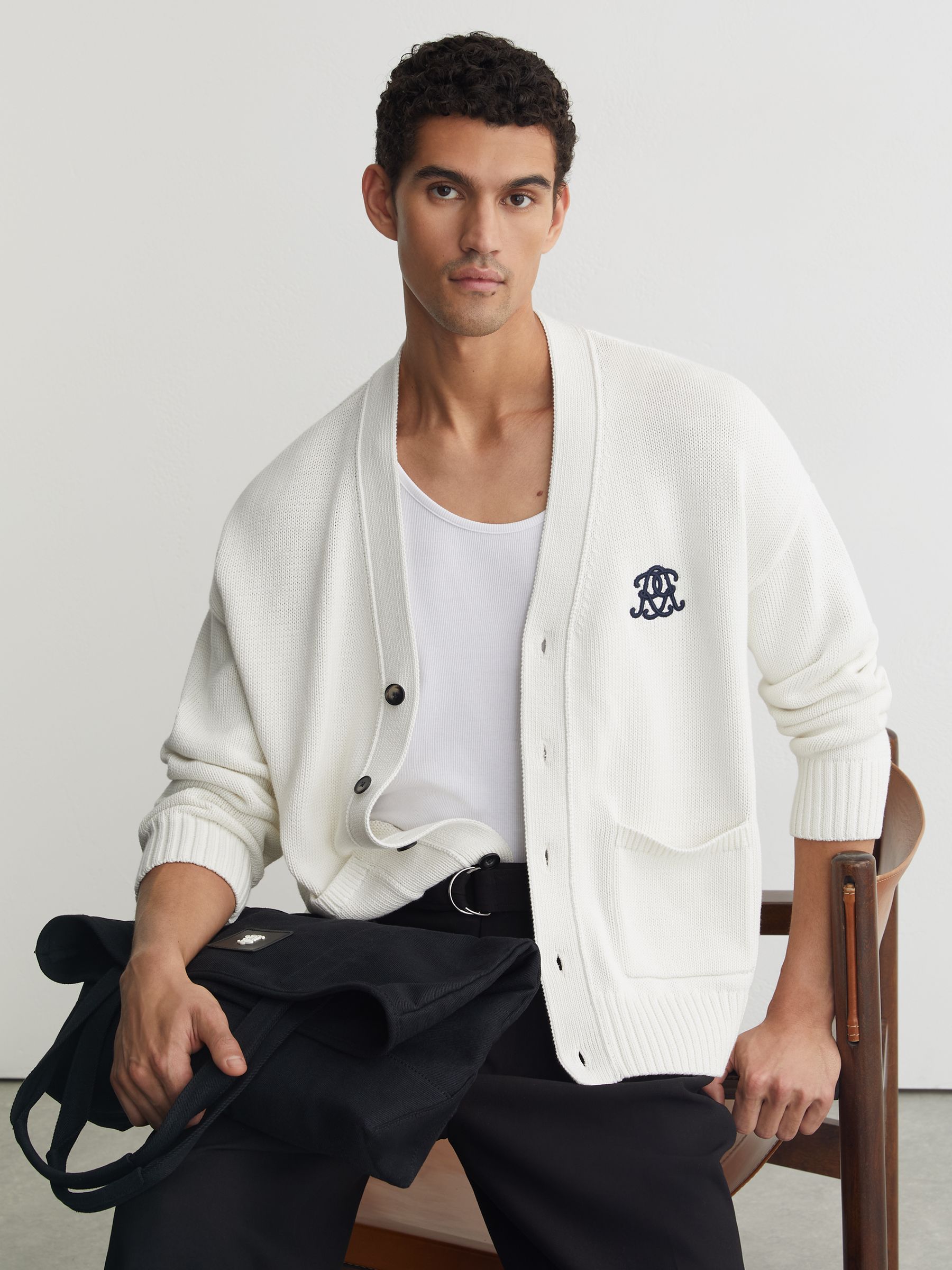 Monogram-Embroidered Relaxed Cardigan in Off White - Image 1 of 7