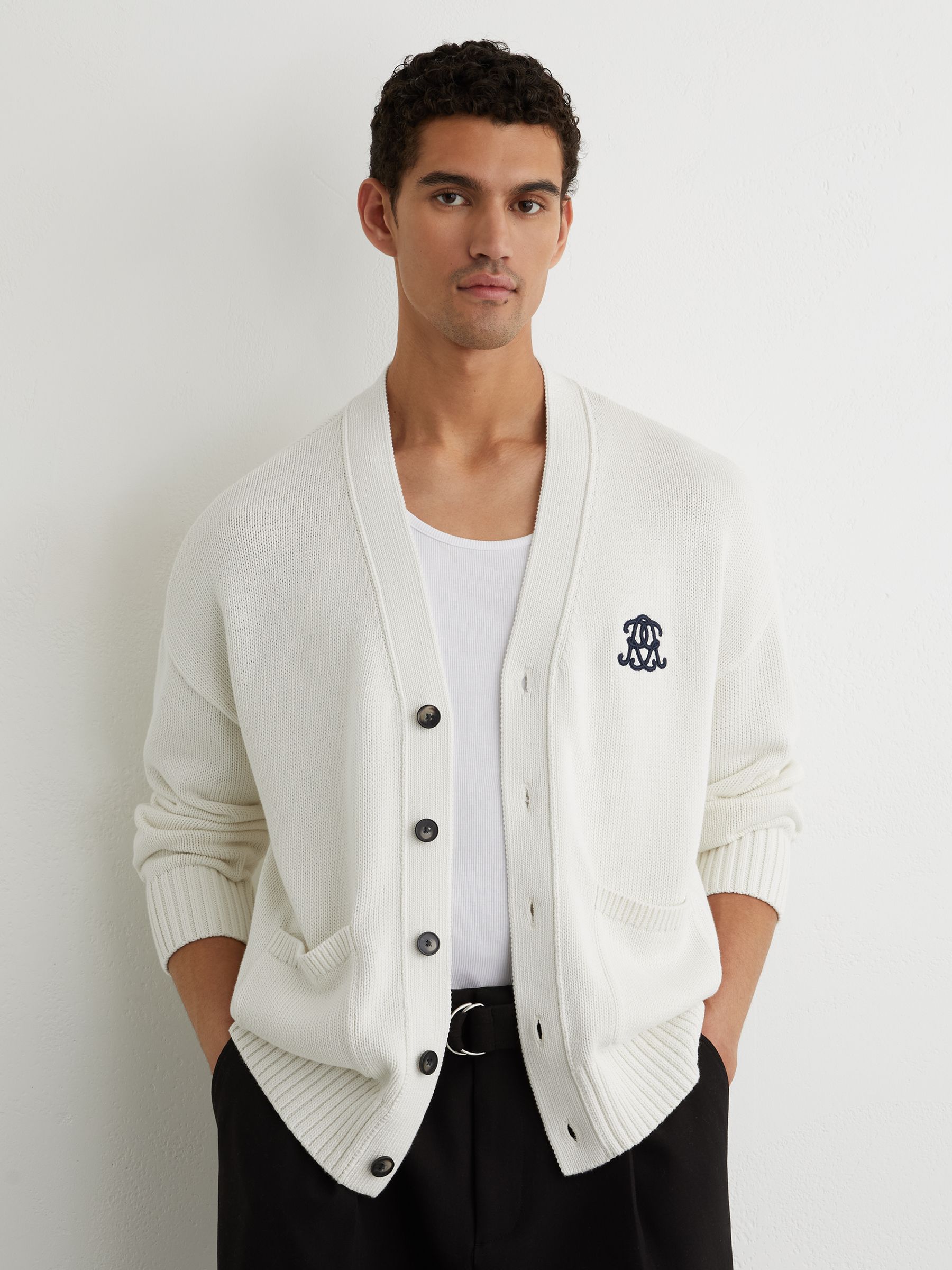 Monogram-Embroidered Relaxed Cardigan in Off White - Image 5 of 7