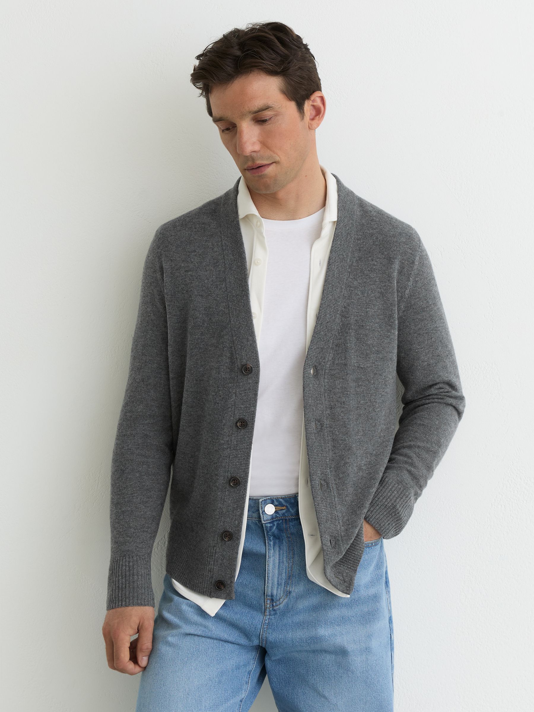 Merino Wool V-Neck Cardigan in Grey - Image 1 of 6