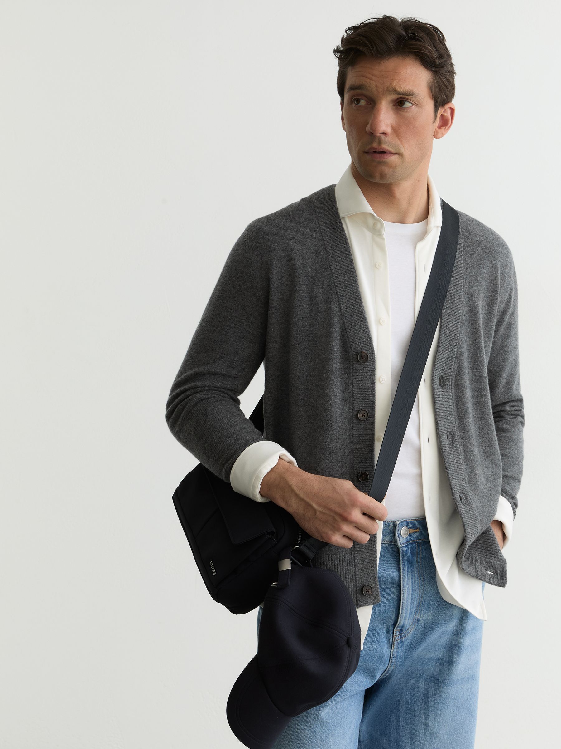 Merino Wool V-Neck Cardigan in Grey - Image 3 of 6
