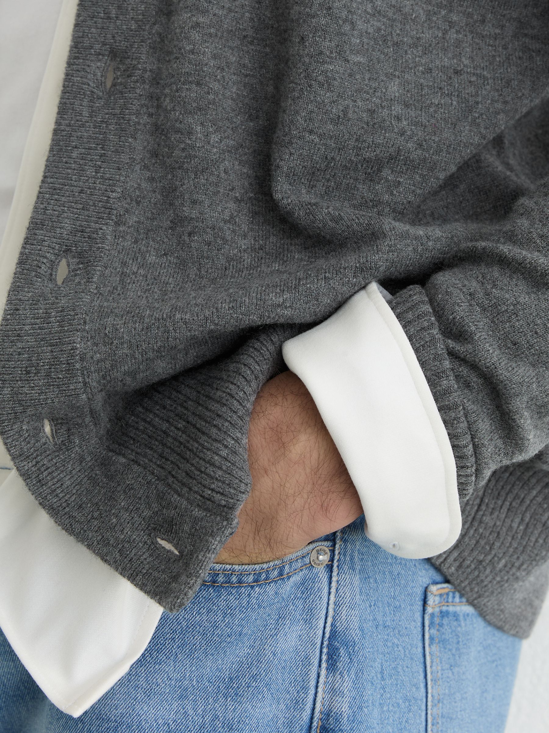 Merino Wool V-Neck Cardigan in Grey - Image 4 of 6