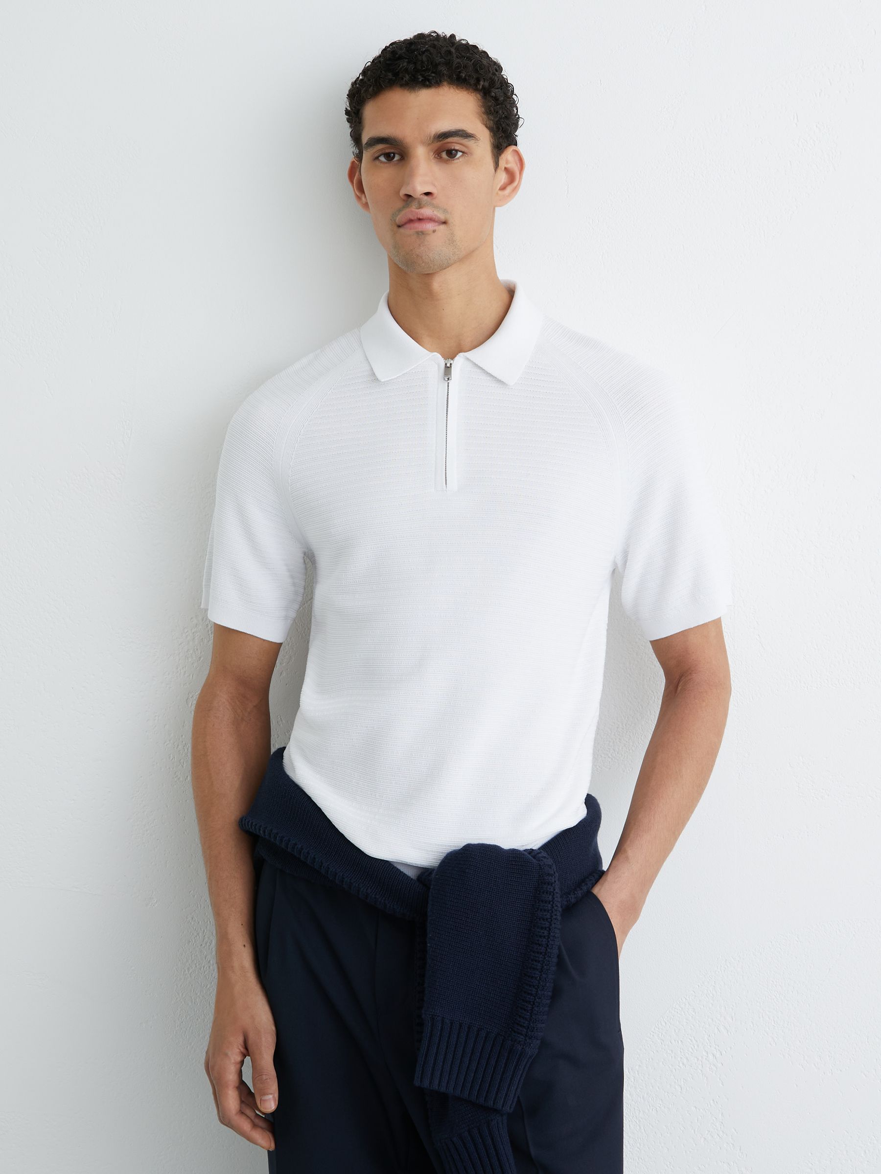 Textured-Knit Half-Zip Polo Shirt in White - Image 1 of 6