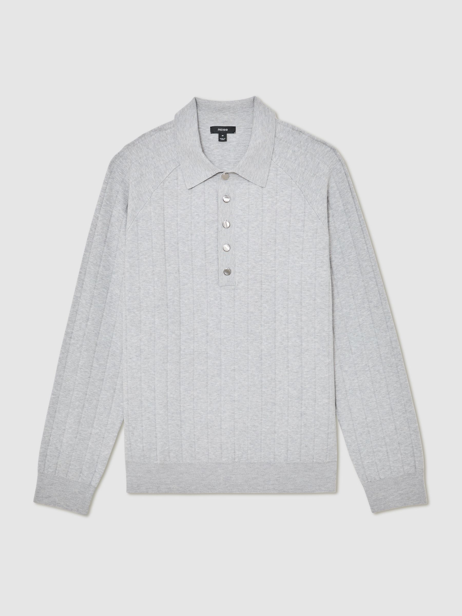 Wide-Ribbed Half-Button Polo Jumper in Soft Grey - Image 2 of 7