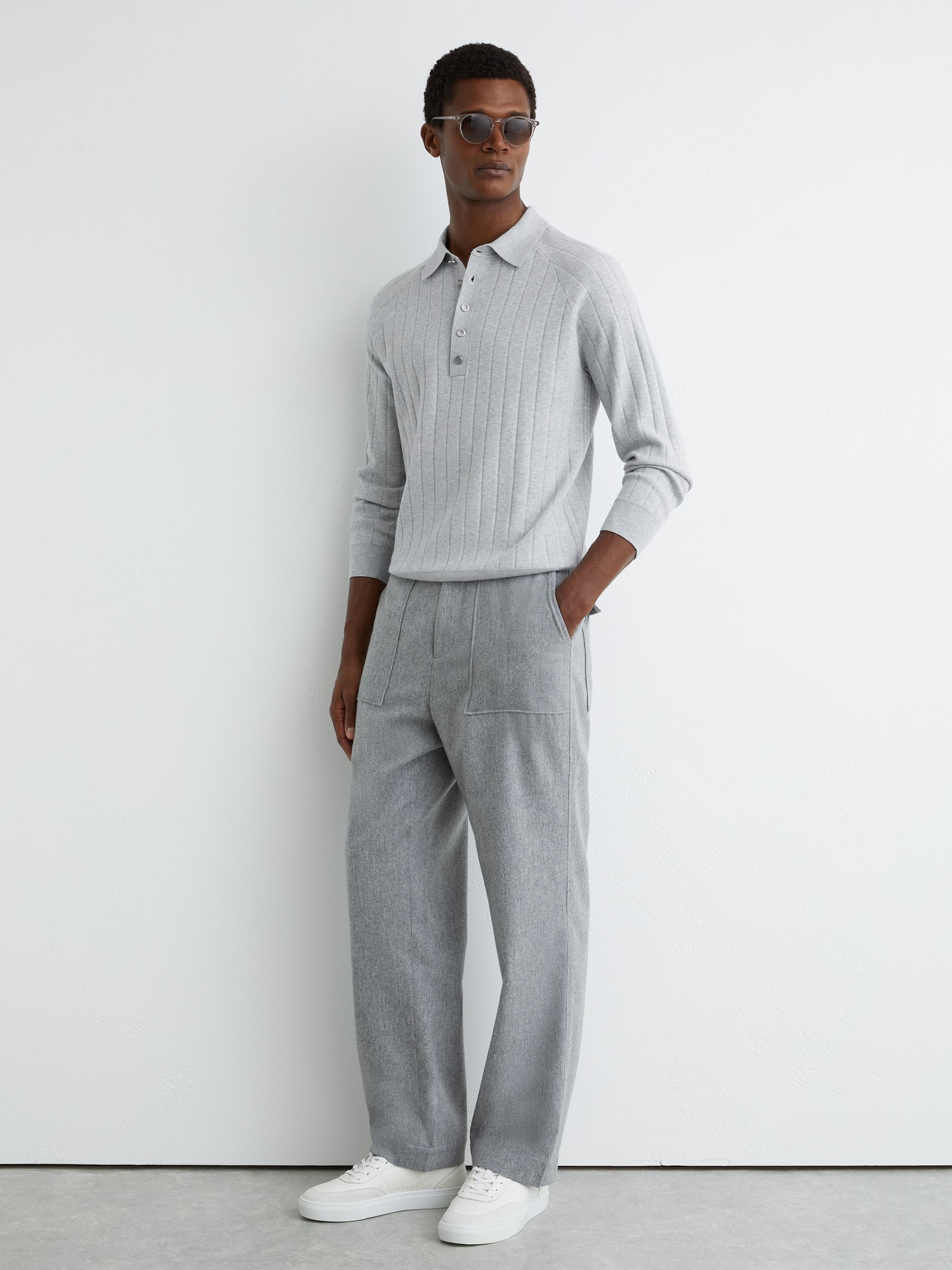 Wide-Ribbed Half-Button Polo Jumper in Soft Grey - Image 3 of 7